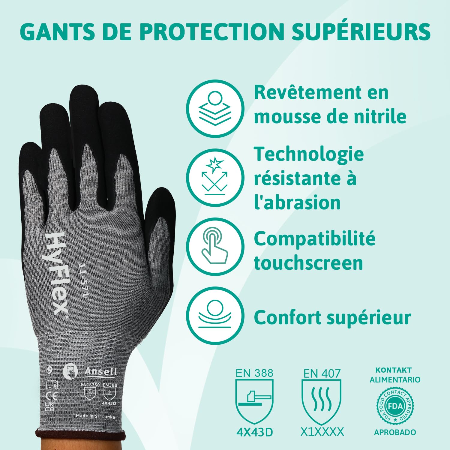 Ansell HyFlex 11-571 Gants Anti-Coupures, Enduction Nitrile Résistante à l'Abrasion, Gants de Travail Professionnels Haute Protection, Homme Femme, Gris, Taille L (12 Paires)