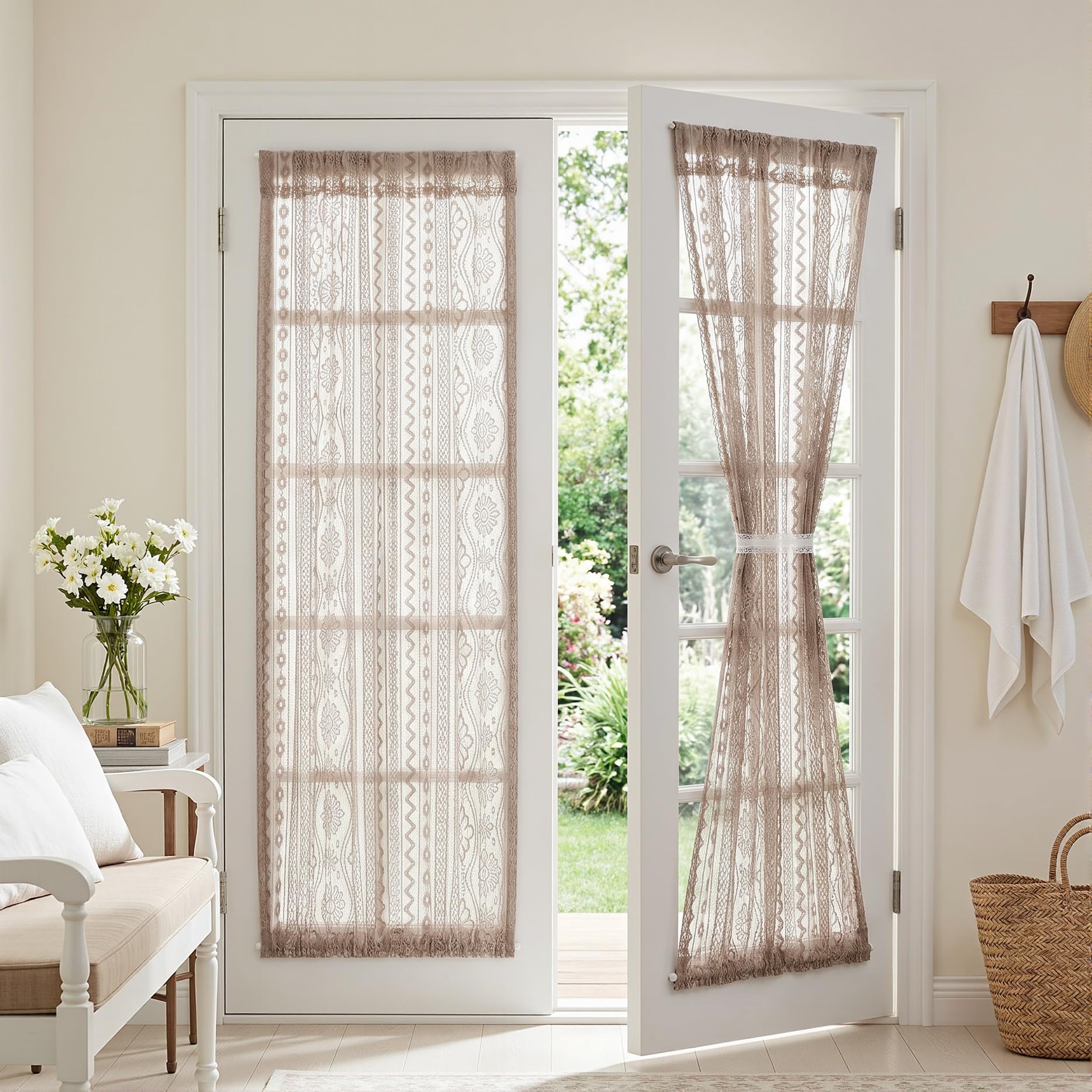MYSKY HOME Lace French Door Curtains 72 inch Long 2 Panels Boho Sheer Floral Curtains for Door Window Scalloped Doorway Sidelight Curtains Come with 2 Matching Tie-Backs, 26" Wide Each Panel, Brown