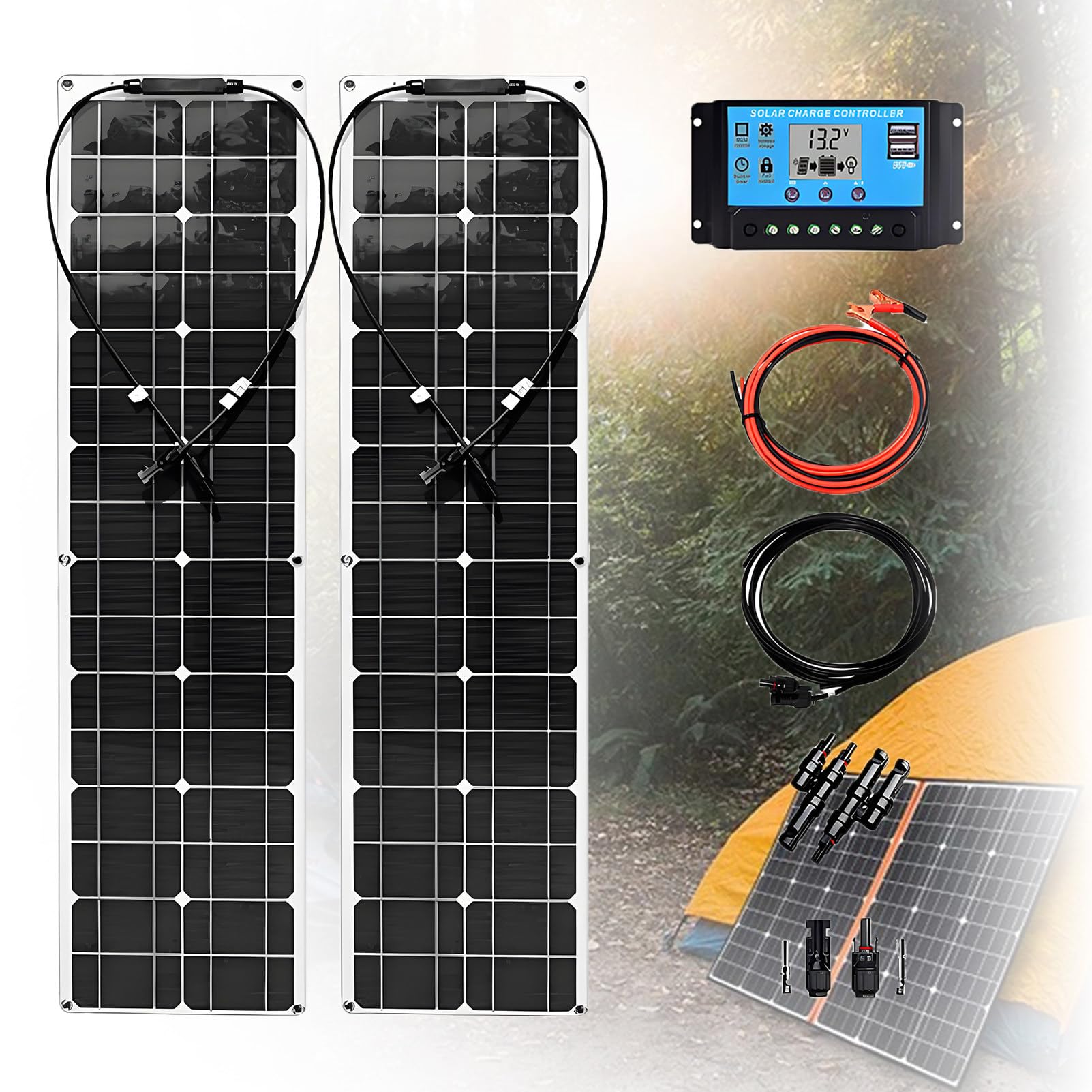Kit Pannello Solare Nautico Flessibile Monocristallino 400 W con Regolatore 40 A Pannello Fotovoltaico Plug And Play off-Grid per Camper Tende Tetti Barche Cabine Campeggio 2 * 400W