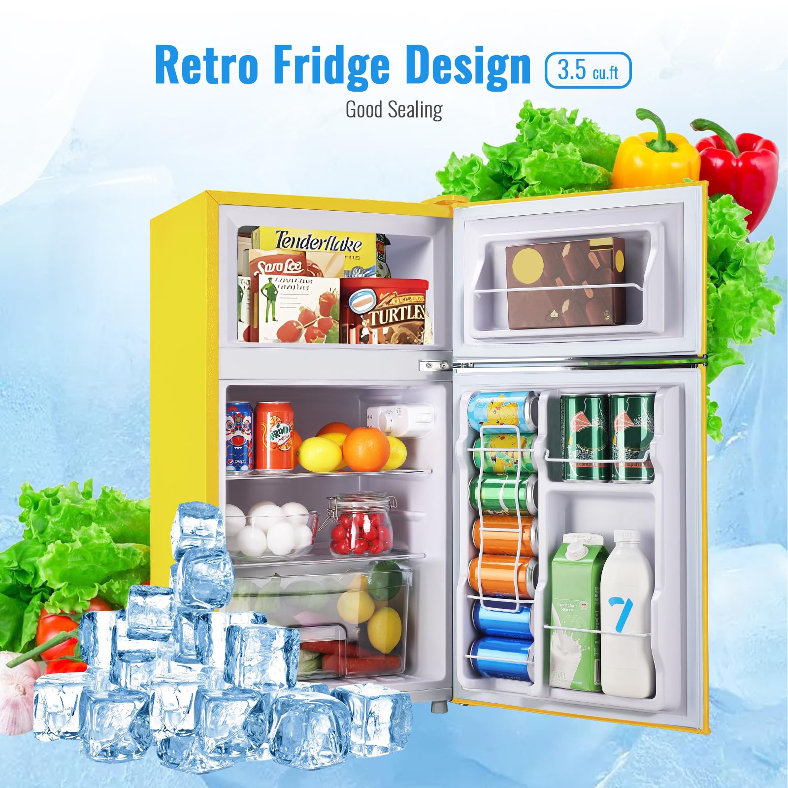 WANAI 3.5 Cu.Ft Mini Fridge with Freezer Small Retro Dual Door Refrigerator Freestanding Compact Refrigerator with Freezer 2 Door Mini Fridge for Bedroom, Dorm, Office, Cream, Yellow on Fridge.com