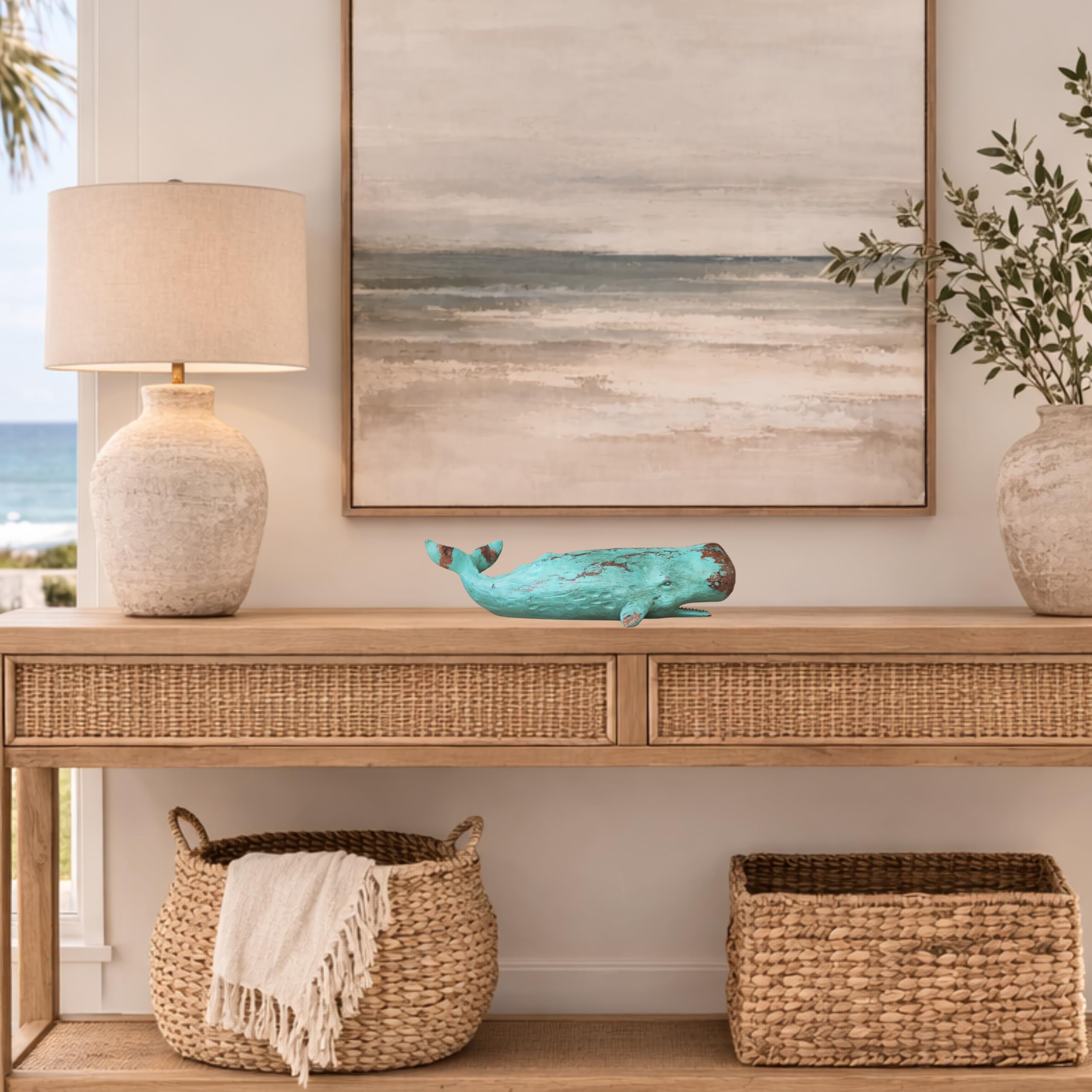 MichaelNoll Wal Dekofigur Statue Skulptur aus Polyresin - Maritim Deko für Wohnung in Holz-Optik Grün - Dekoration modern für Wohnzimmer, Schlafzimmer oder Badezimmer - 40x12,8x11,5 cm