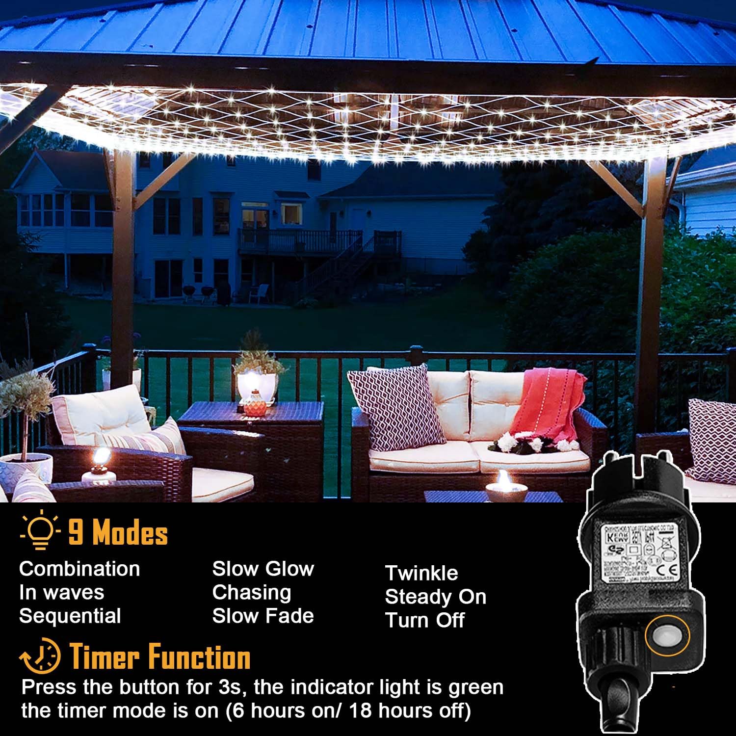 Joycome Rete Luminosa Natale Esterno 3x2M 200 LED Rete Luci con Spina, Timer, 8 Modalità Rete Luci Albero di Natale Impermeabile Tenda Luminosa per Balcone Giardino Soffitto Terrazza - Bianco