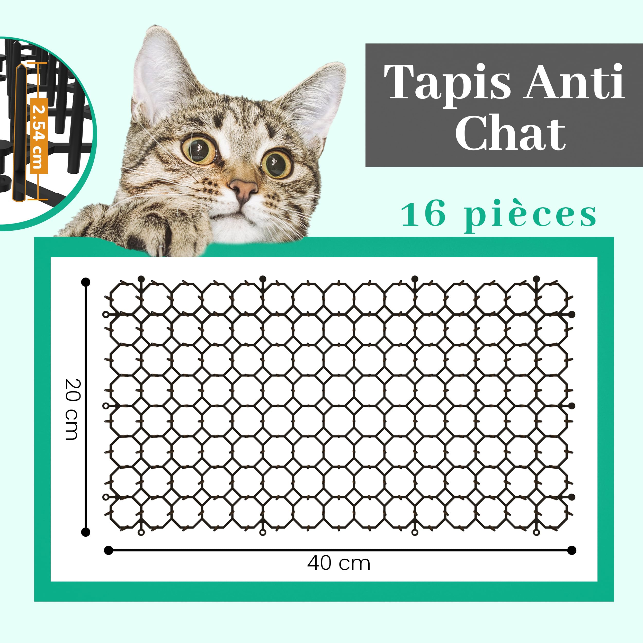 Kyrieval Lot De 16 Tapis Anti-Chats 40x20cm - Répulsif Pour Chat Avec Pointes - Protection Jardin Et Maison