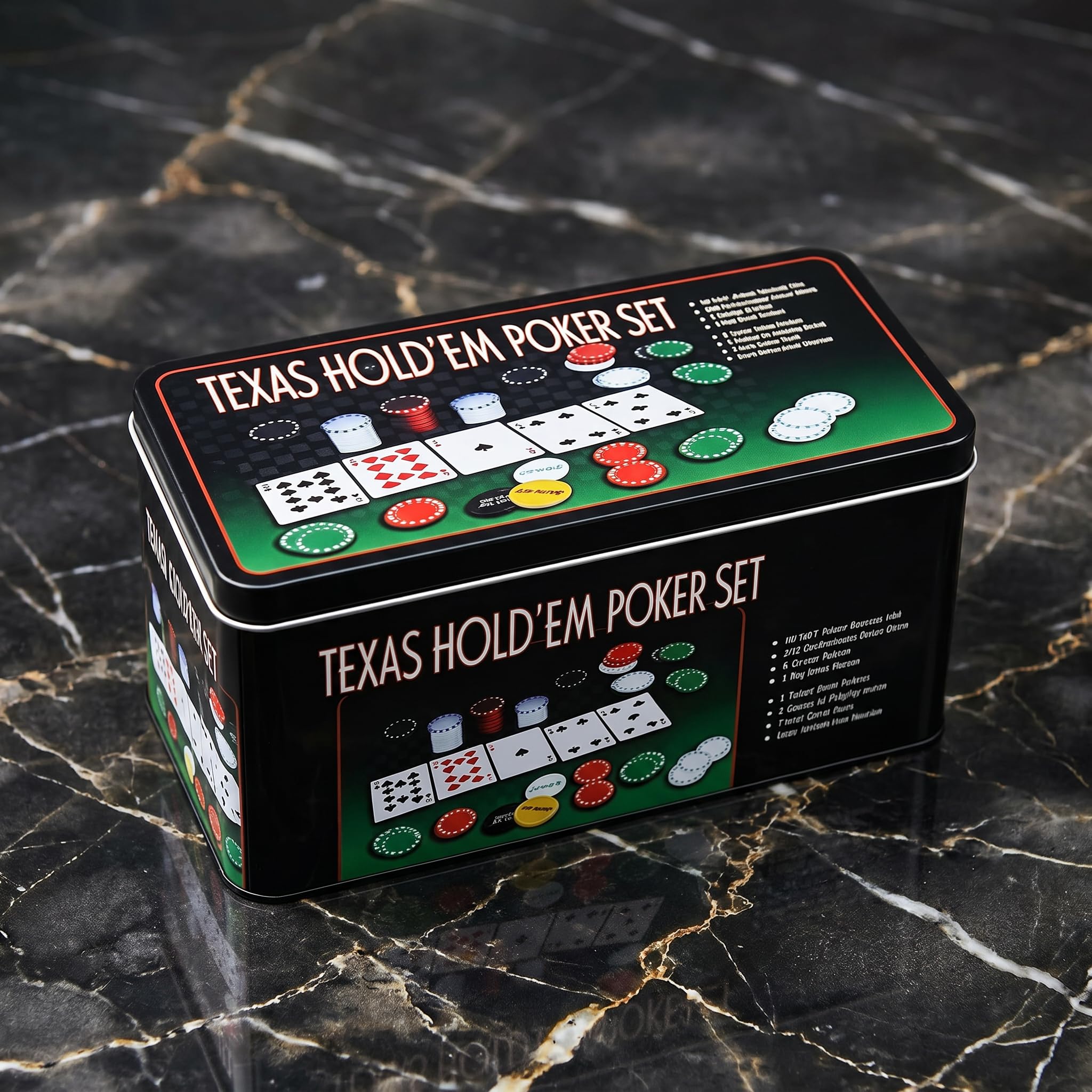 various Set de poker avec 200 jetons et boîte métallique, jeu de poker Texas Holdem avec 2 Decks et bouton Dealer, Kit Poker pour Blackjack, casino et soirées de jeu en famille
