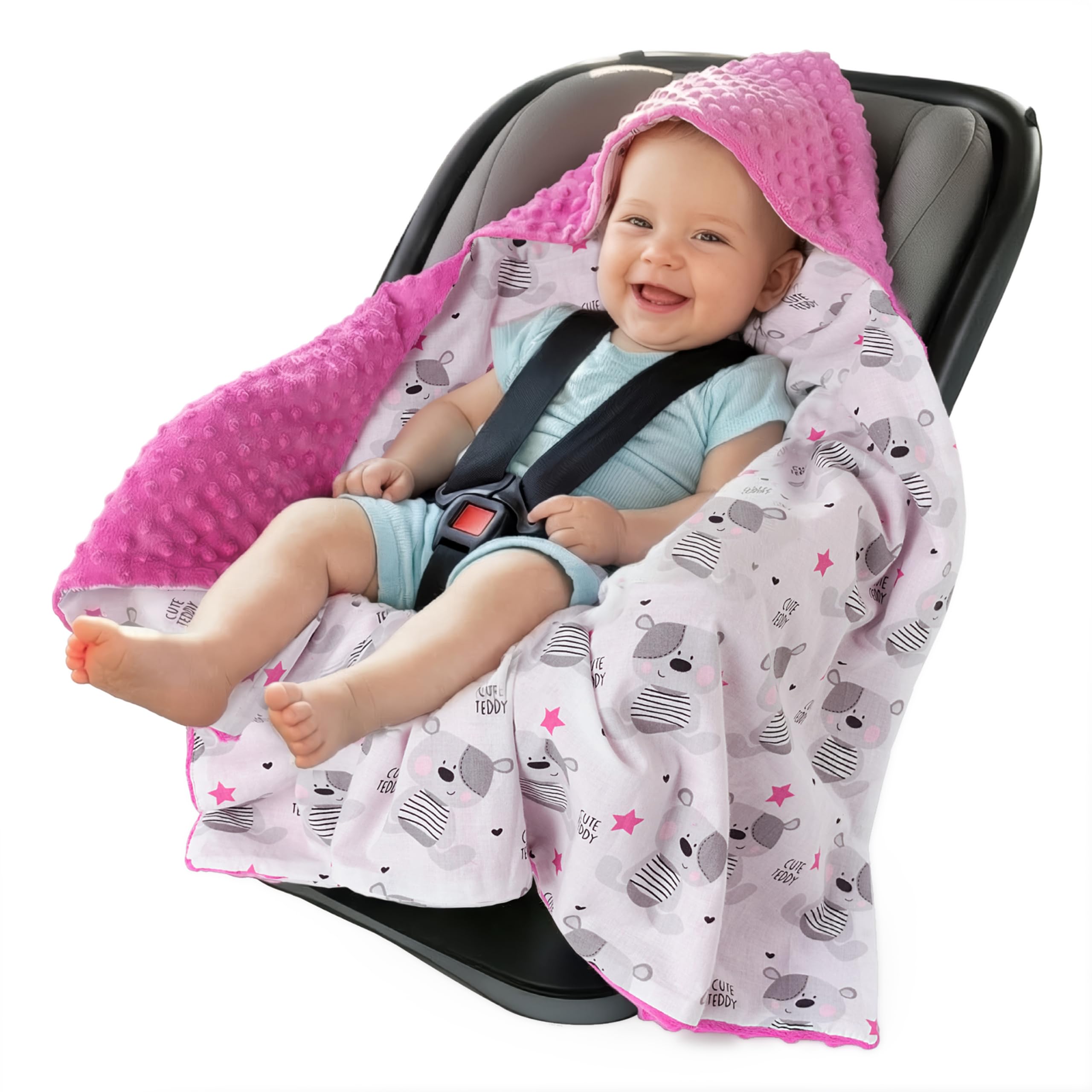 Medi Partners Einschlagdecke Baby Babyschale 100% Baumwolle für Sommer 85x85cm Kinderwagen Kuscheldecke universal Baby Decke Einschlagdecken Babydecke Buggy Autositz (Teddybär mit dunkelrosa Minky)