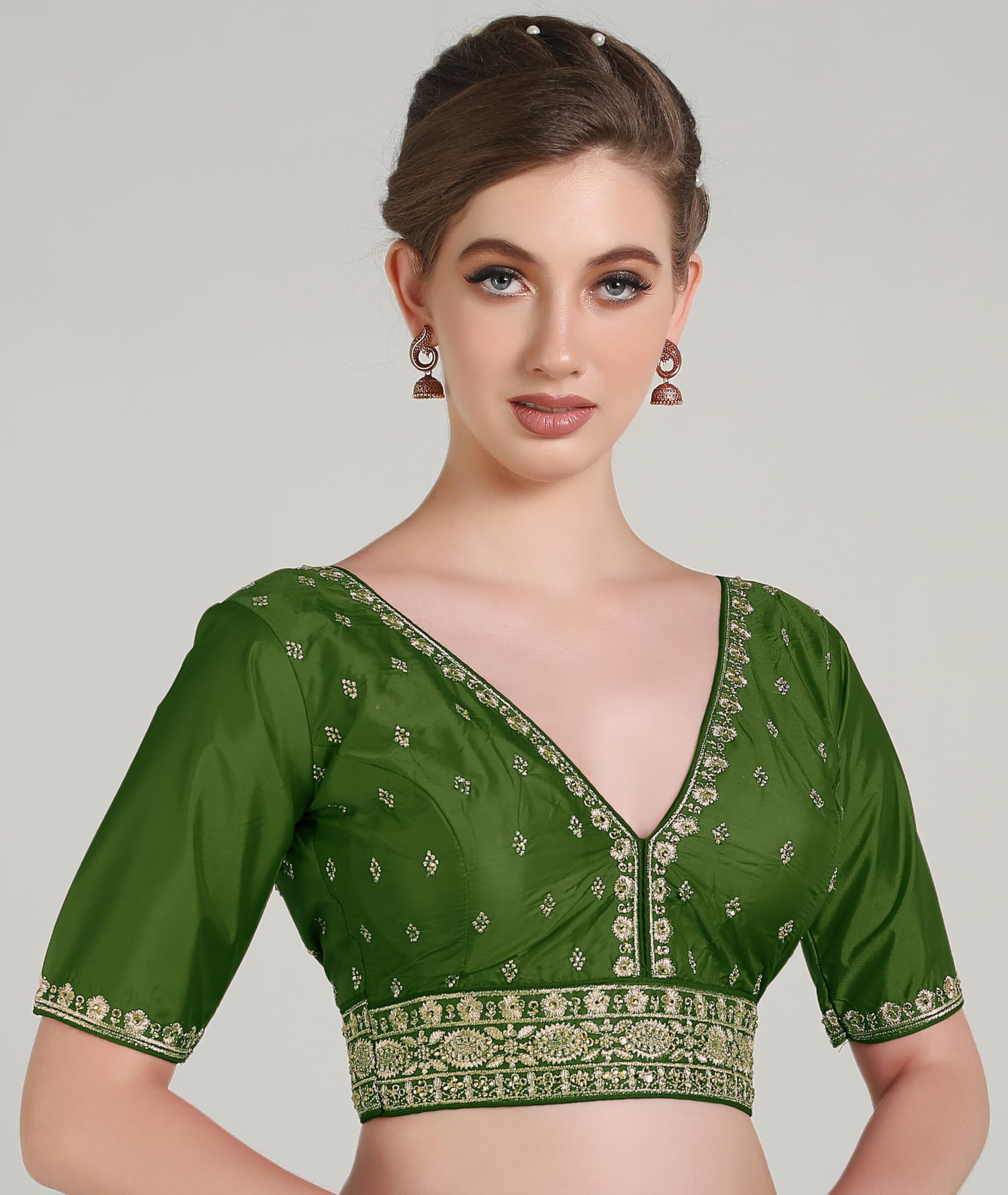 Pujia Mills Woman Readymade Ethnic Wear Deep V Neck Classic Butti Design Half Sleeve Mehendi Green Online Embroidery Zari Work Border Sadi Blouse
