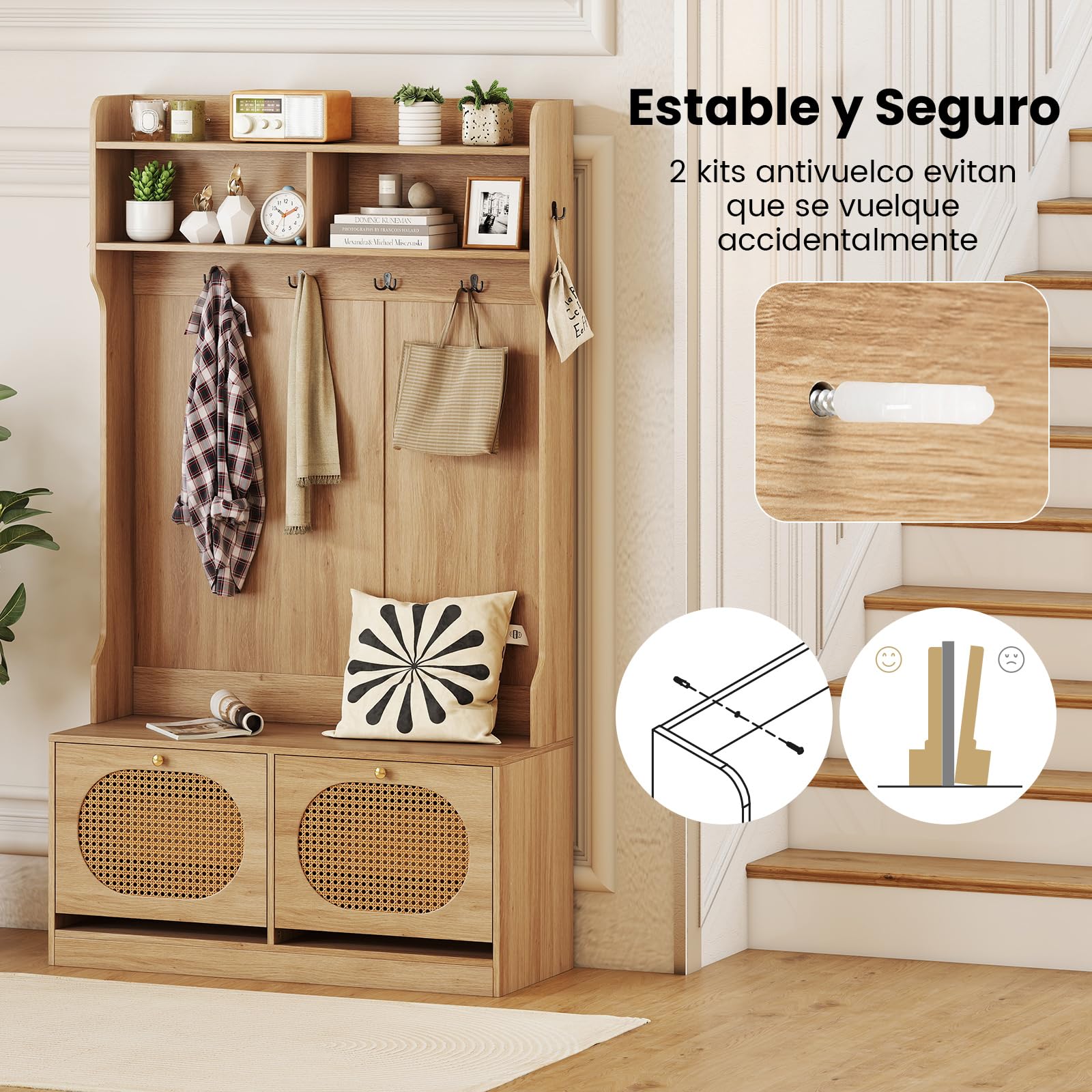 COSTWAY Perchero Zapatero 4 en 1, Muebles de Entrada Recibidor con 2 Cajones Abatibles, Ganchos Duales, Estantes, 101,5 x 40 x 180 cm, Entrada Salon Pasillo
