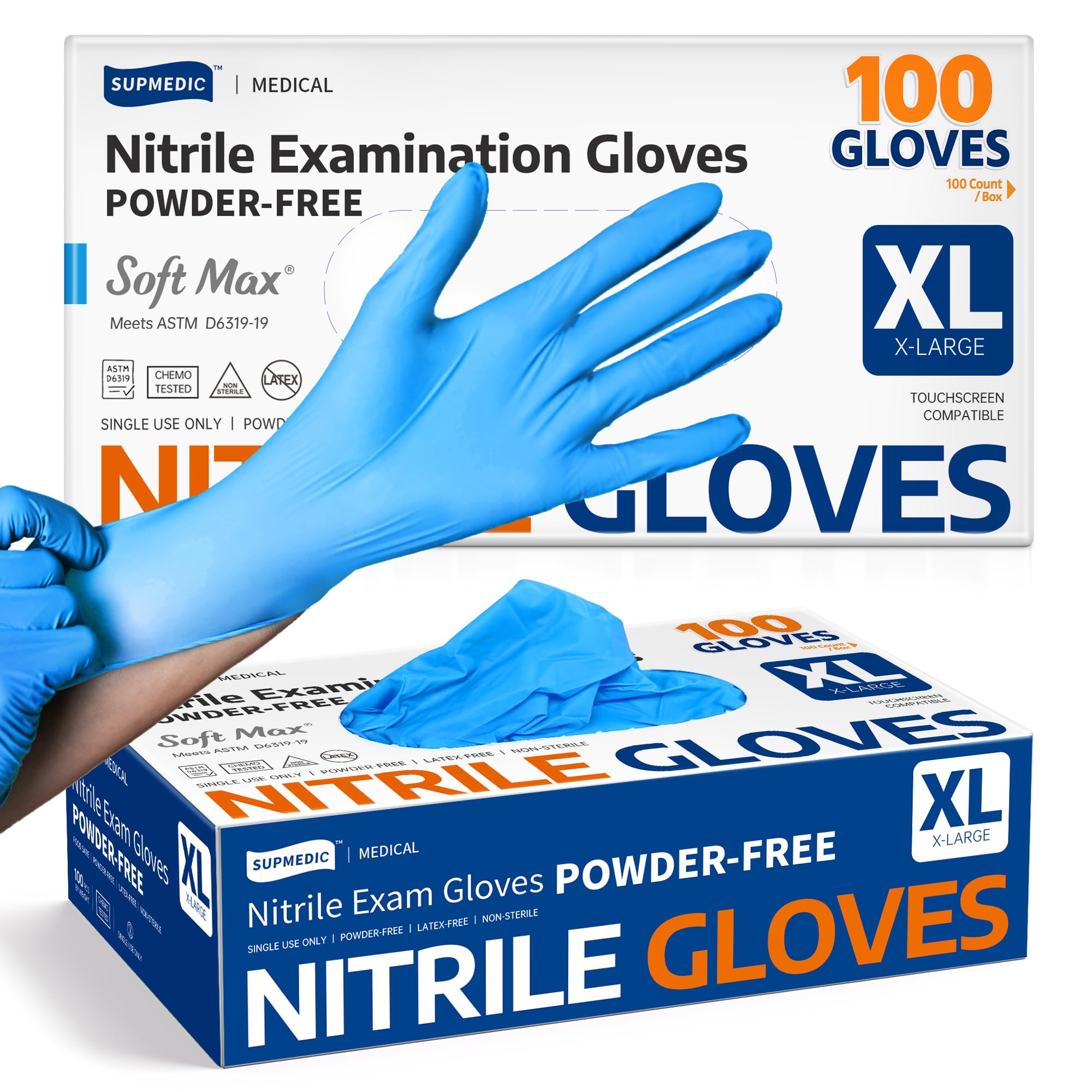 Supmedic Guantes médicos desechables de nitrilo de 3.5 mil, sin polvo, sin látex, caja de 100 unidades (azul) (XL)