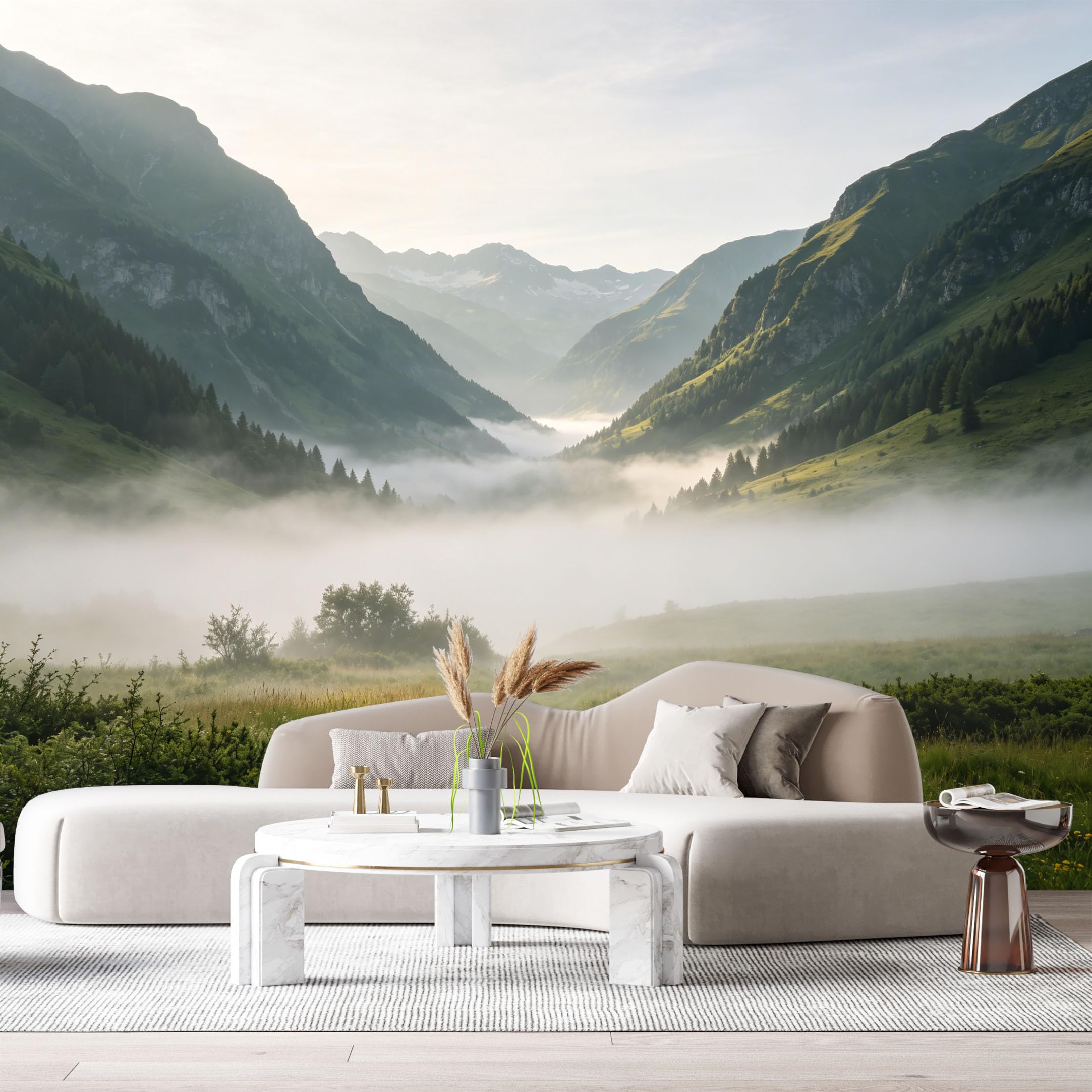 Custom Size Wall Murals Misty Mountain Landscape Valley Forest Morning Fog SelfAdhesive Wall Fabric Removable Large Wallpaper for Photo Living Room