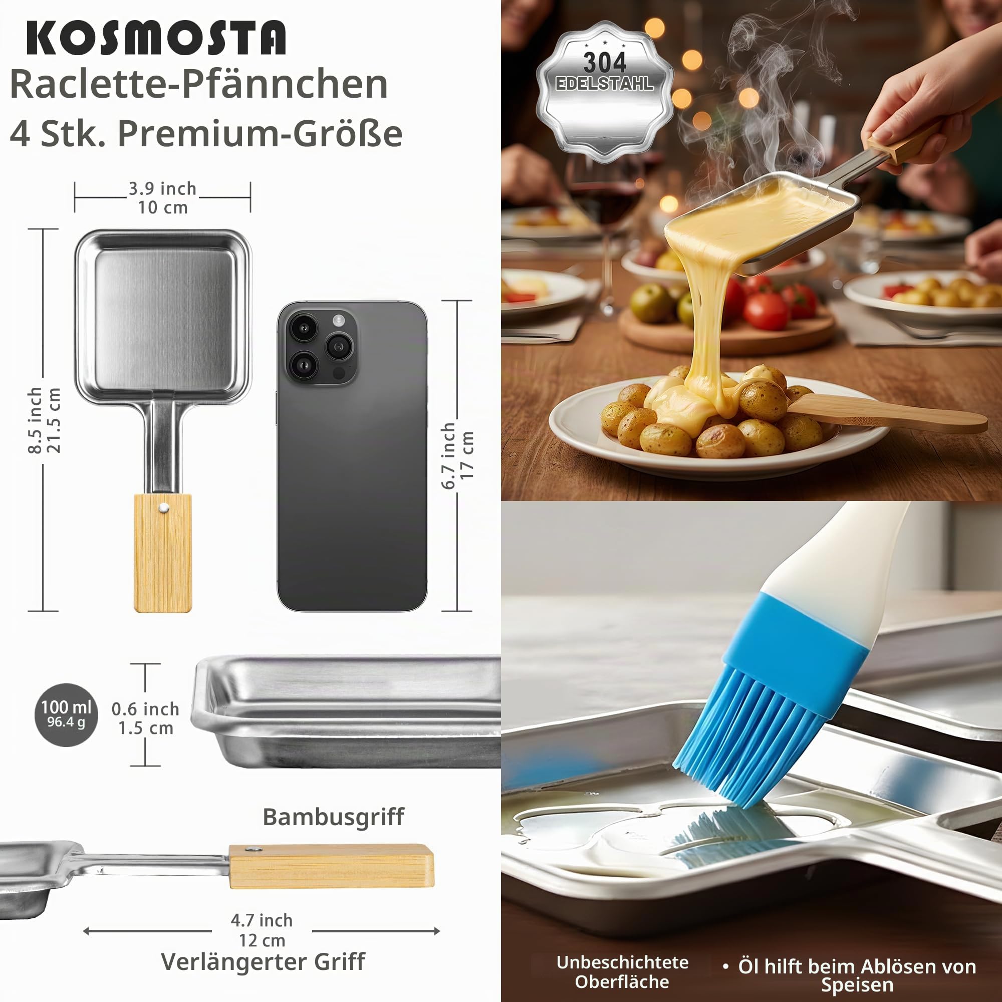 4er Set Edelstahl Raclette Pfännchen Quadratisch mit Extra Langem Griff und Bambusgriff, 4 Bambus Spatel, Ohne Beschichtung, Große Raclette Grillpfannen, Ersatz Zubehör