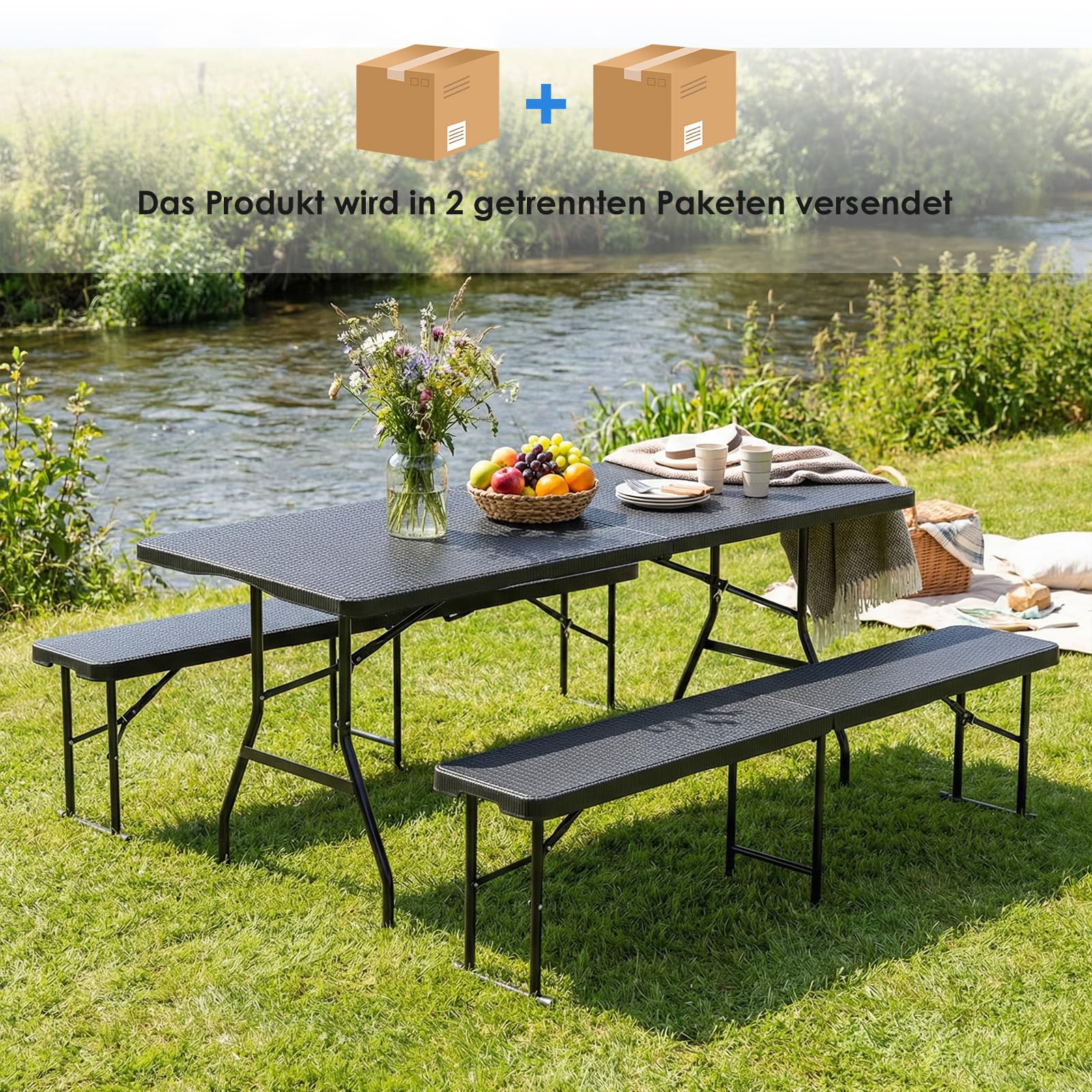 Ensemble Meubles de Jardin 180cm Inclure 1 Table Pliante et 2 pcs Bancs Pliable, Ensemble Table et Bancs de Jardin Plastique Imperméable HDPE,Table Camping pour Piquenique Réceptions, Rotin-Optique