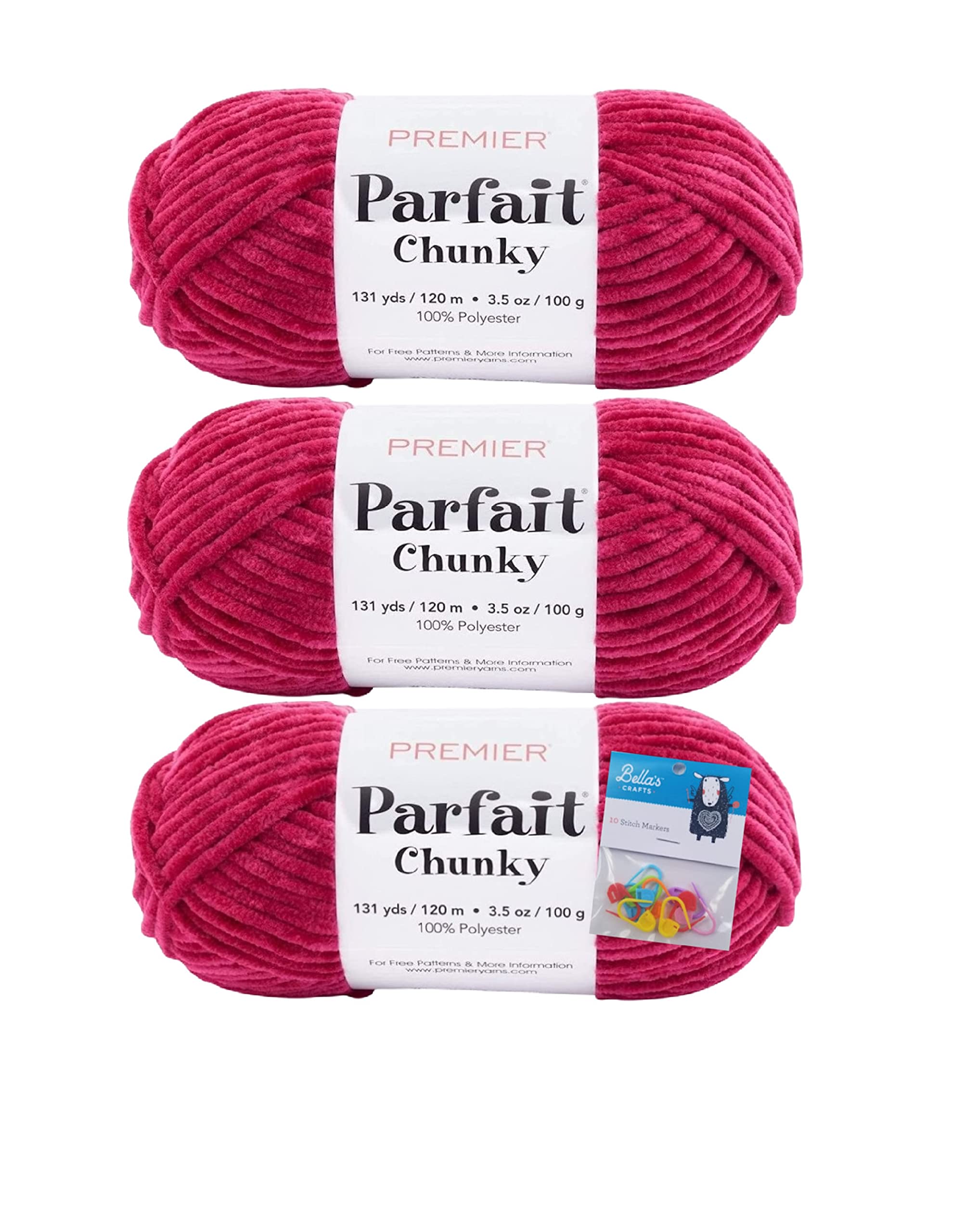 Premier Yarns Parfait Chunky Chenille Yarn 3.5 Oz 6 Super Bulky Weight 3 Pack Bundle with Bella's Stitch Place Holders (Very Berry)