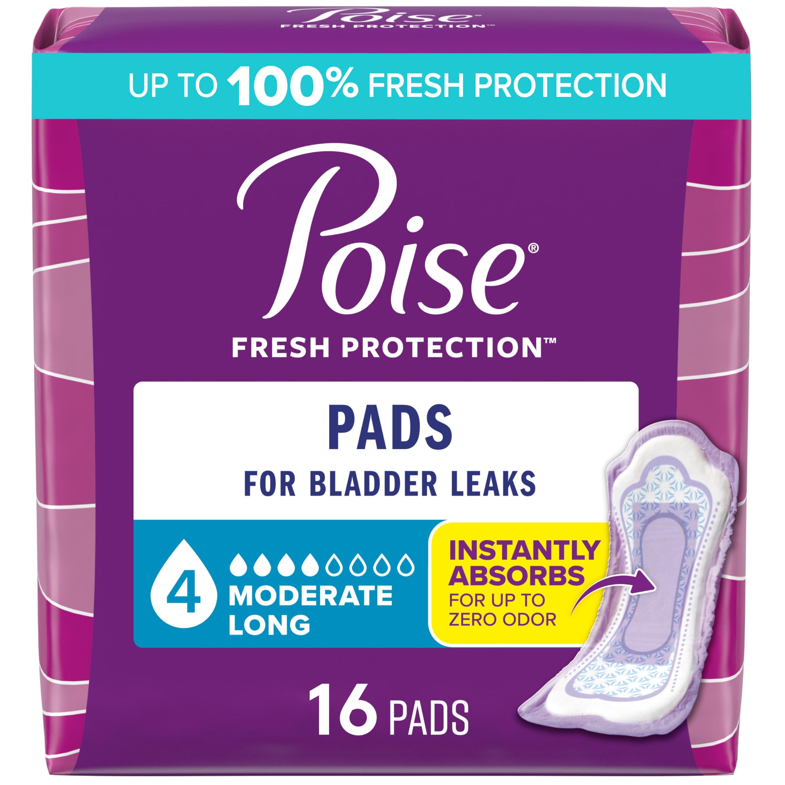 PoiseIncontinence & Postpartum Pads for Bladder Leaks, 4 Drop Moderate Absorbency, Long Length, 16 Count, Packaging May Vary