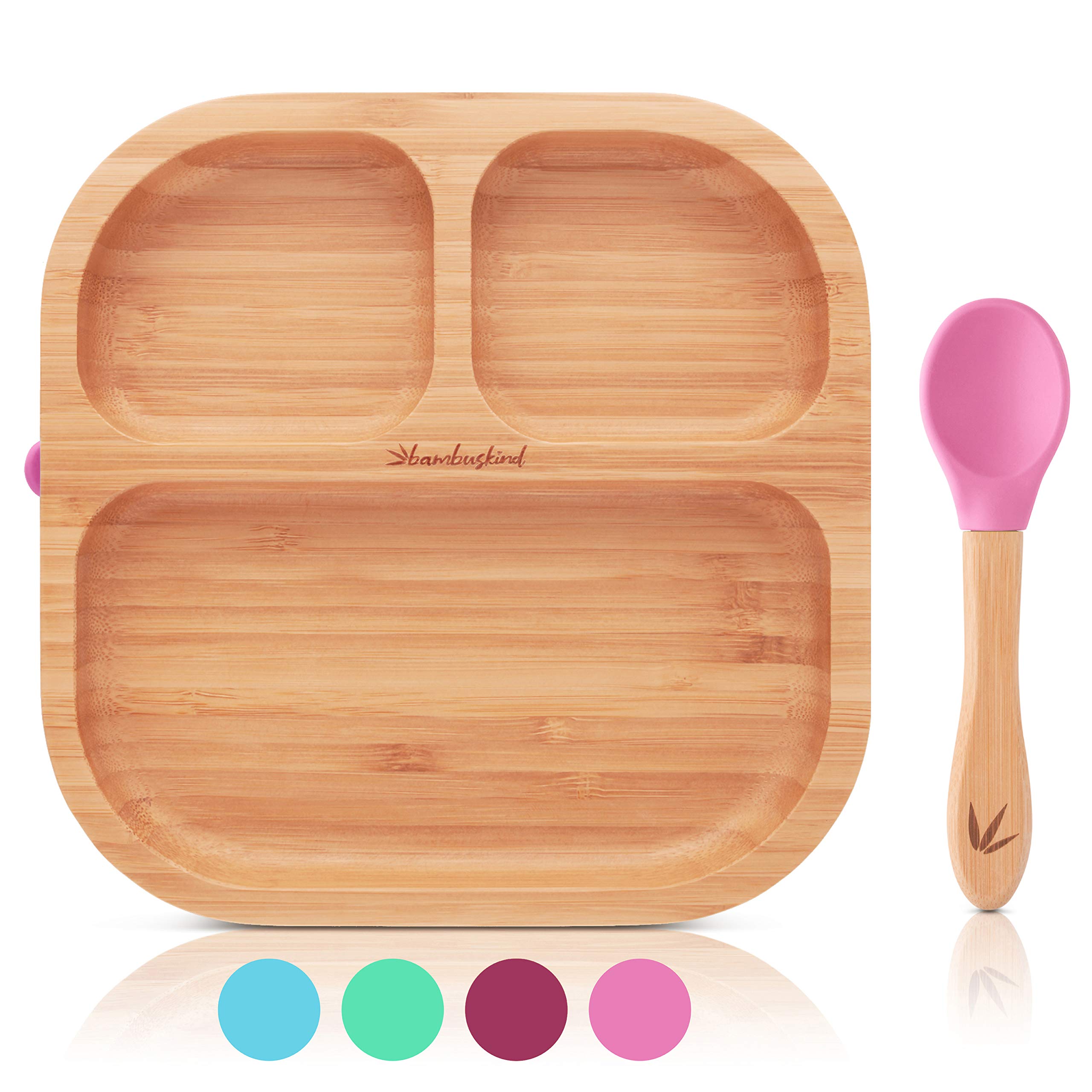 bambuskind Kinderteller mit Saugnapf pink I Inkl. Rezepte-Ebook I rutschfester Babyteller aus nachhaltigem Bambus mit flexiblem Löffel I Kindergeschirr-Set zum Essen lernen