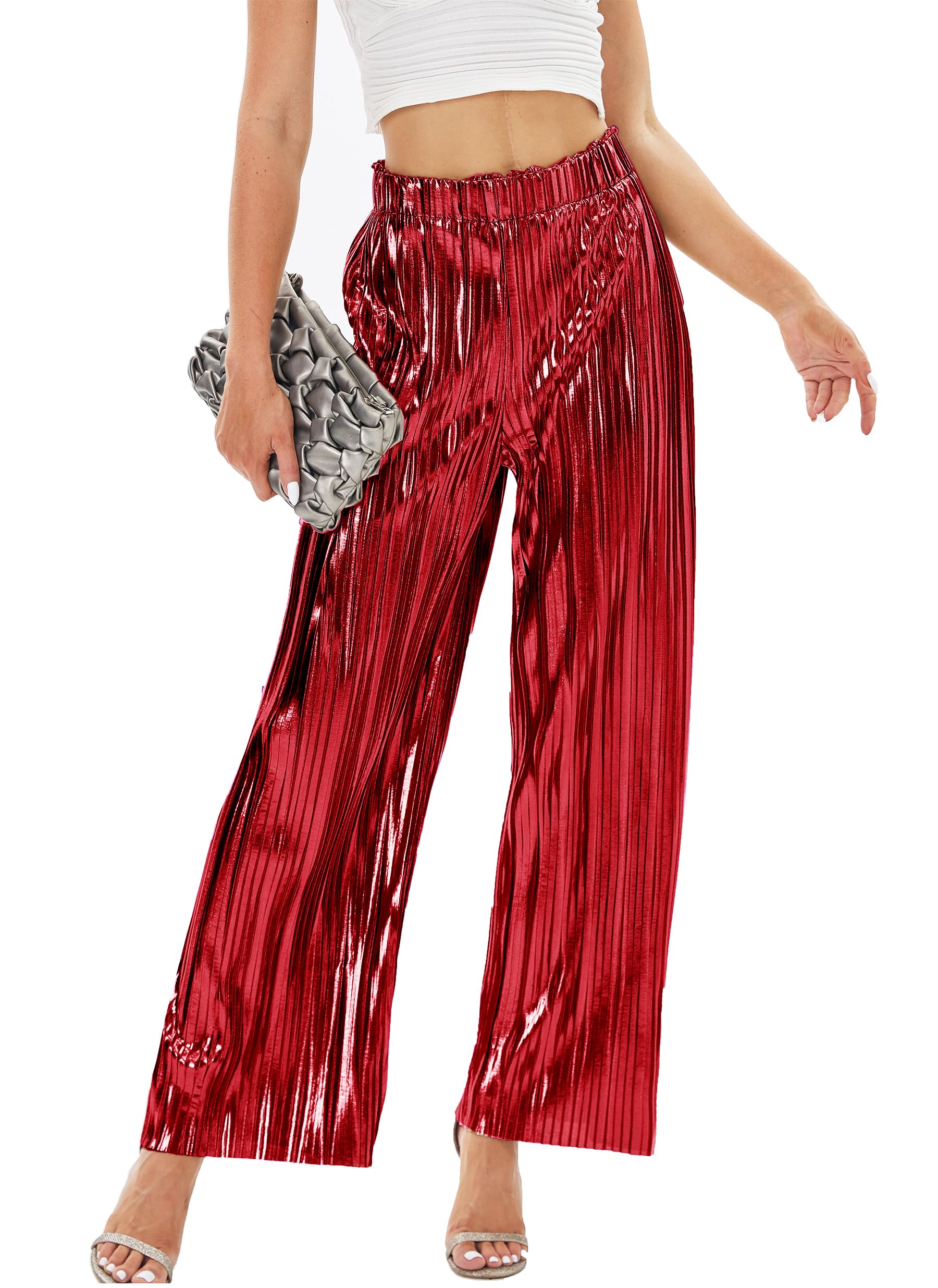 heipeiwa Women's Shiny Pleated Wide Leg Pants Party Nightout High Elastic Waist Trouser Outfit Clubwear