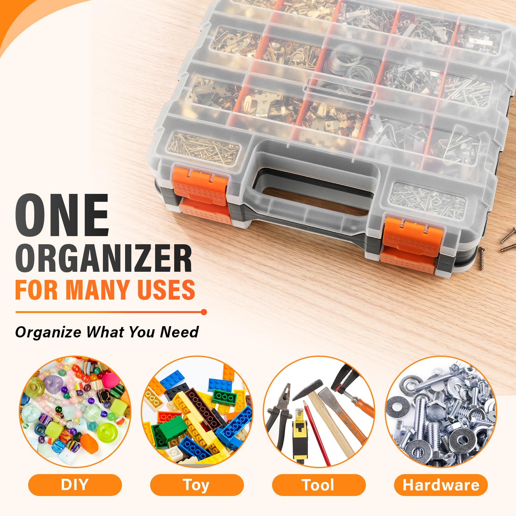 DIYSELF Organizer per viti, organizer a 34 scomparti per piccole parti, organizer per hardware con spazio regolabile, scatola portaoggetti con coperchio trasparente per hardware, artigianato, perline