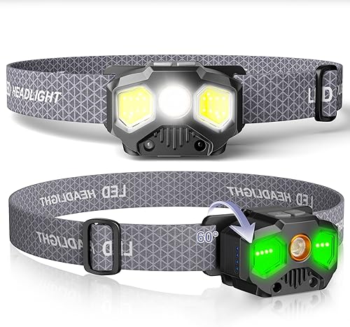 Juego de 2 linternas frontales recargables, 1400 lúmenes, lámparas de cabeza LED recargables ligeras con luz verde, blanca y roja, lámpara frontal