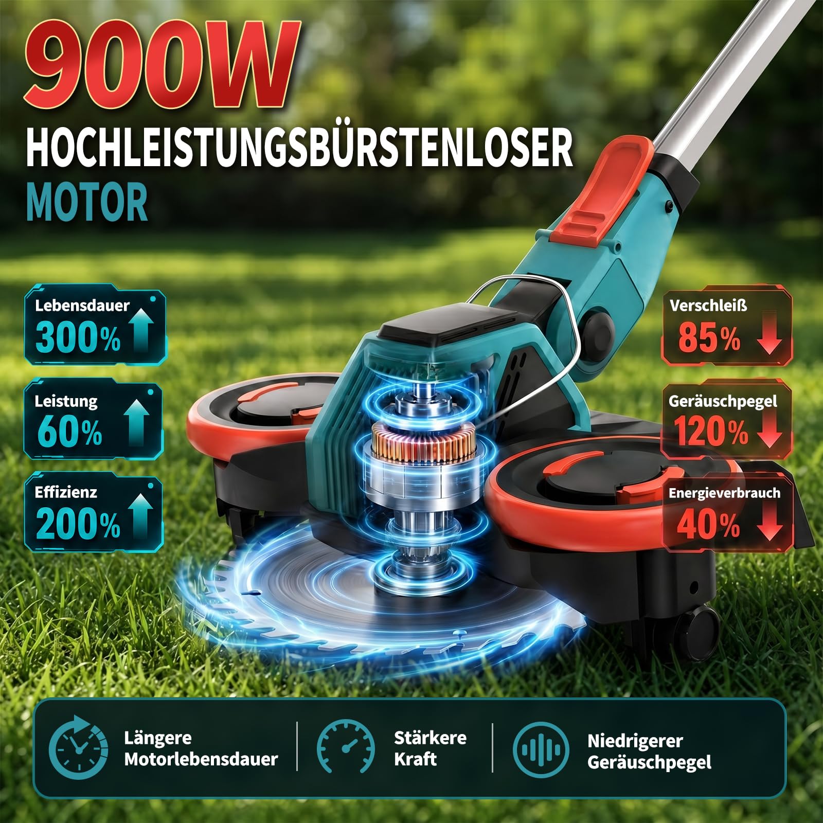 Rasentrimmer mit Akku, 5-IN-1 Rasentrimmer mit Unkrautbürste/Rädern, 21V/2 * 4.0Ah Akku Rasentrimmer, 900W Bürstenloser Motor Akku Freischneider, Akku Motorsense für Rasen, Garten, Hof