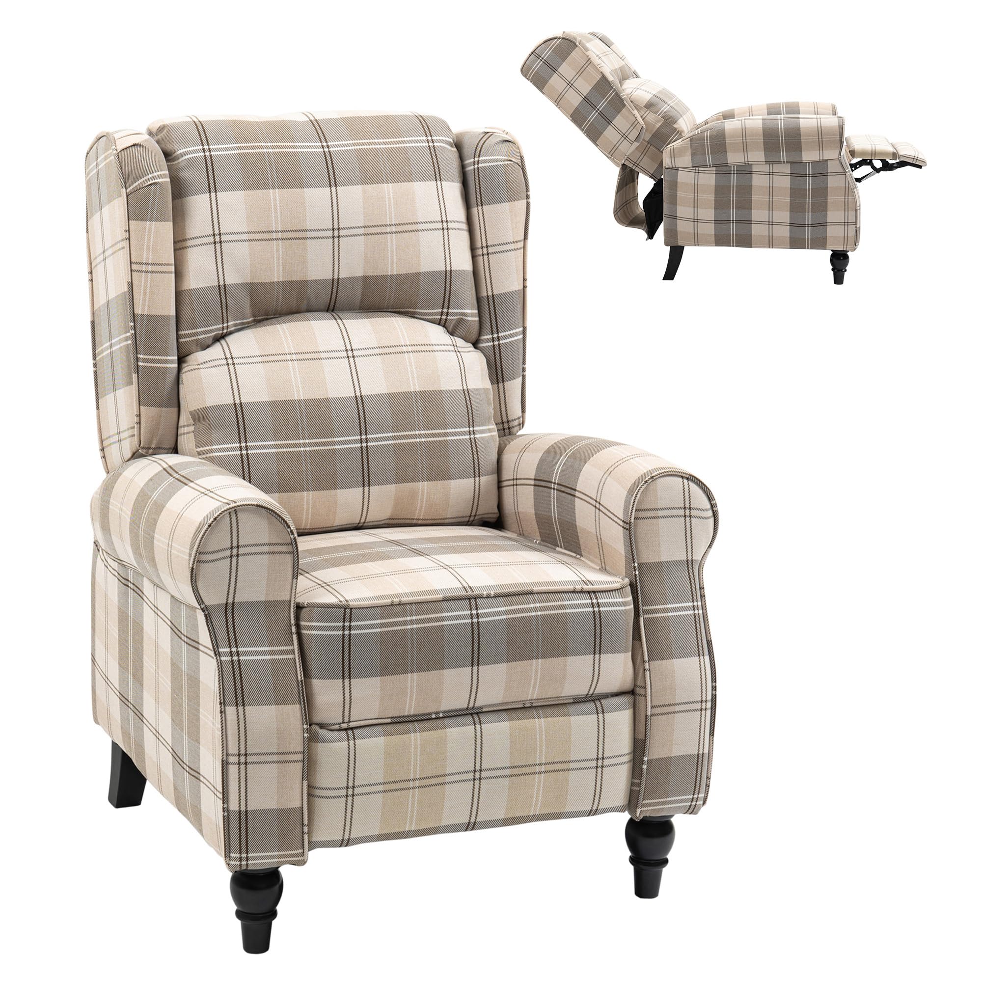 HOMCOM Wingback Recliner Armchair for Living Room, Pushback Reclining Chair with Round Armrests, Footrest and Rubber Wood Legs, Khaki โ image 1