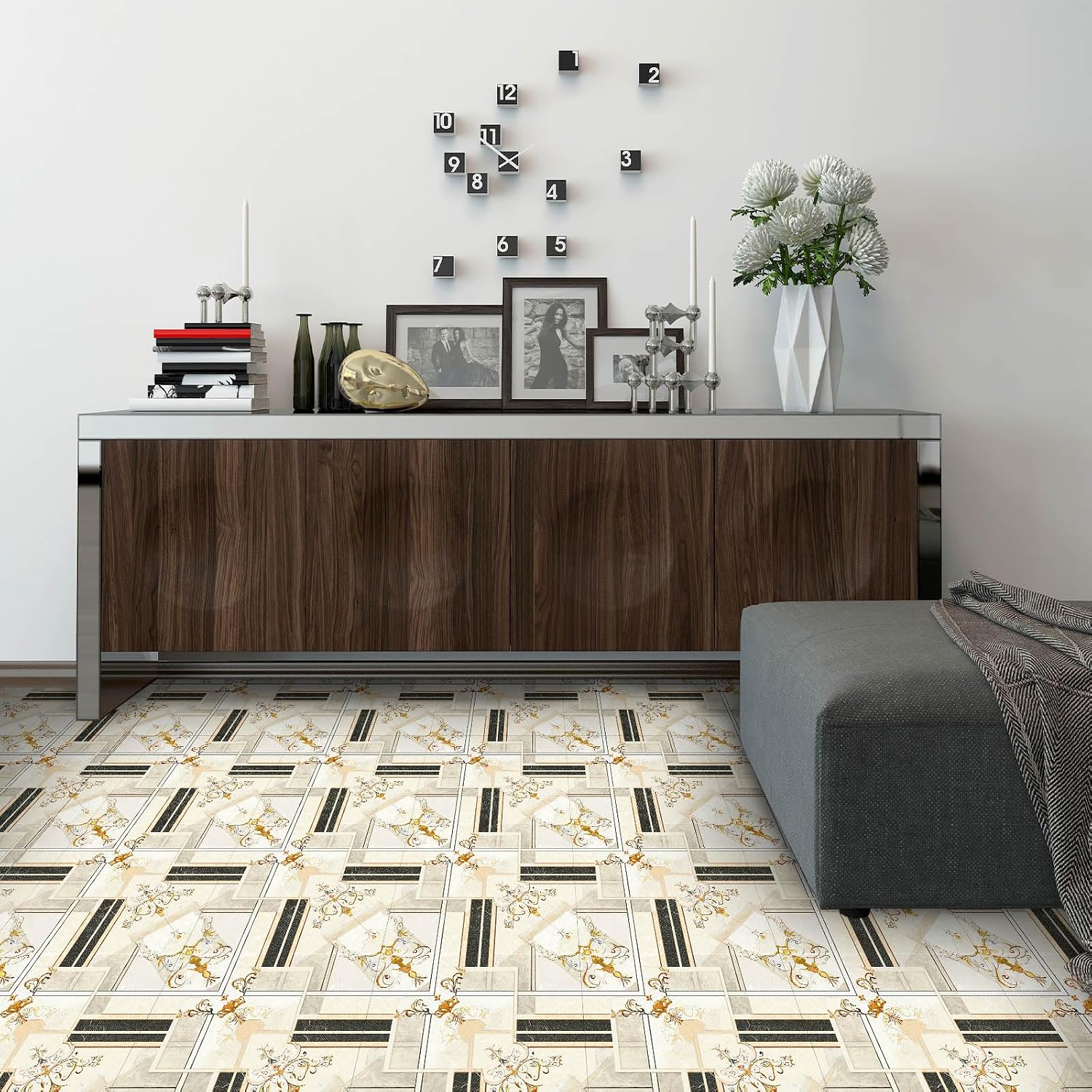 IVN 10PCS 12x12 Inch Peel and Stick Floor Tiles Luxury Marble Geometric Pattern with Gold Floral Accents Removable Self Adhesive DIY Vinyl Flooring Stickers for Entryway Kitchen Bar Studio Home Decor