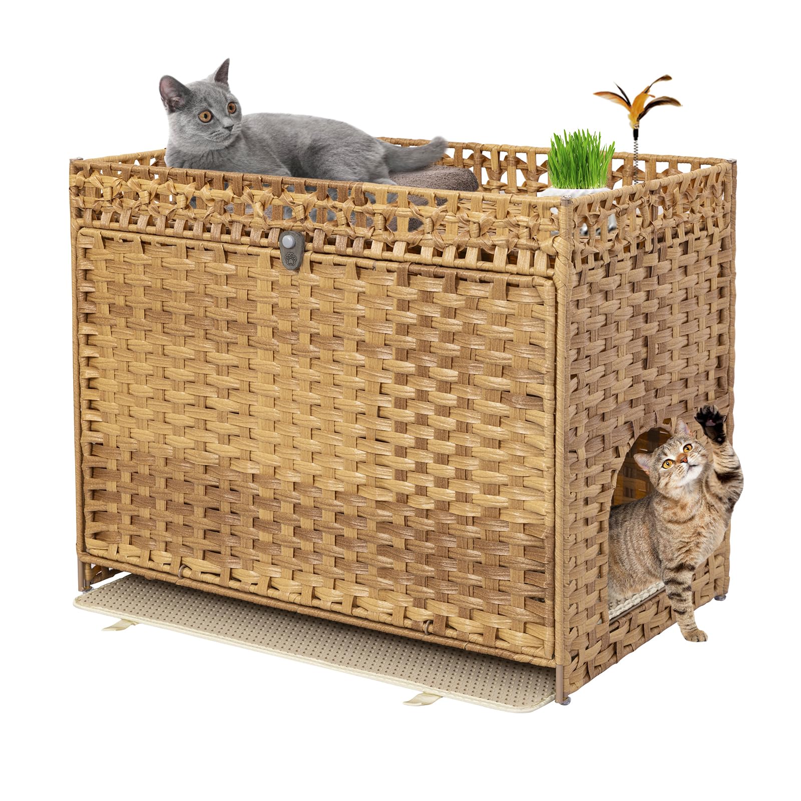 Cat Litter Box Enclosure Furniture Hidden with Soft Mat,Handwoven Rattan Cat House with Door for Large Cats Stylish Hidden Washroom Furniture for Living Room, Bedroom, or Balcony,Natural