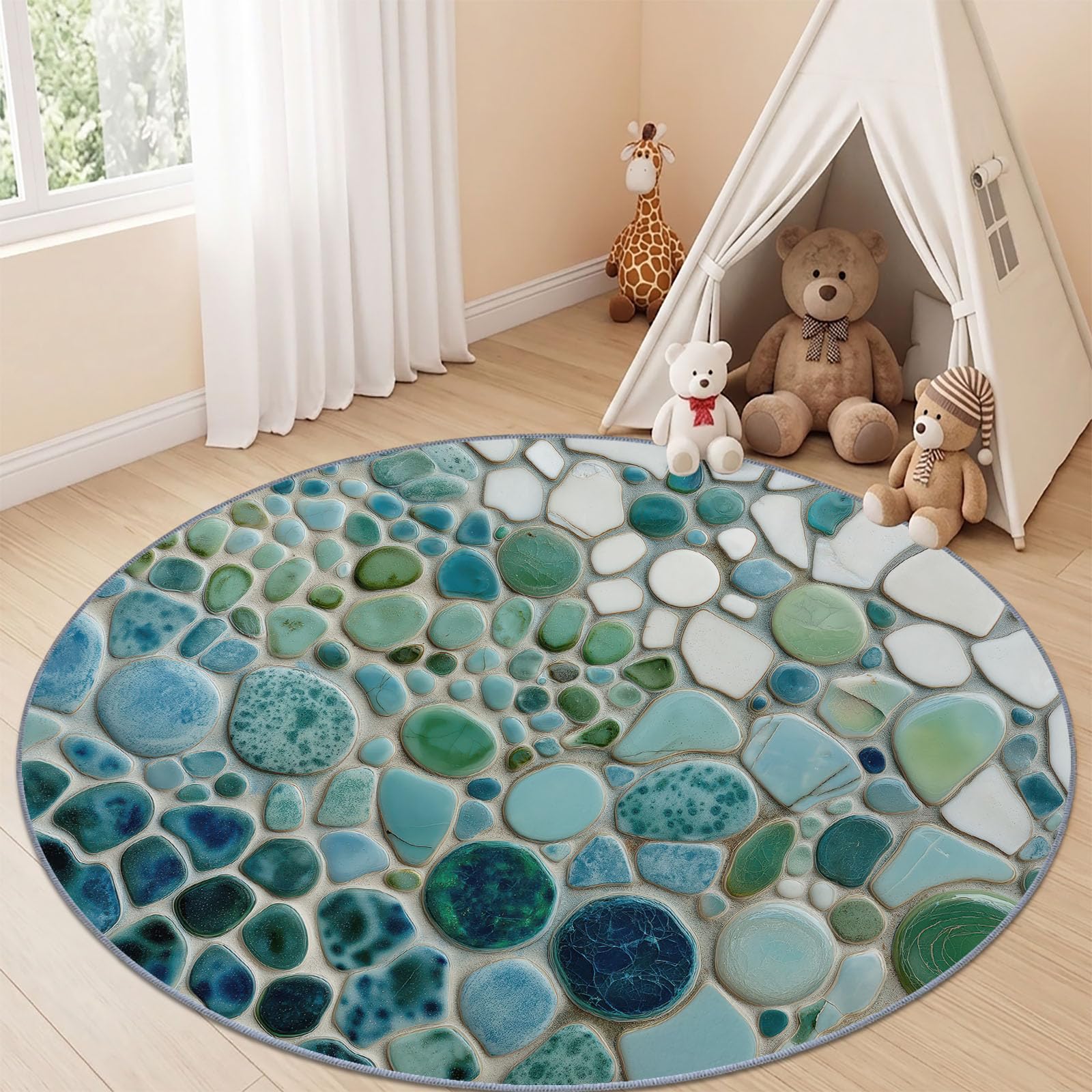 150 cm Salón Alfombras Redondas Mosaico Piedra, Lavable Colorido