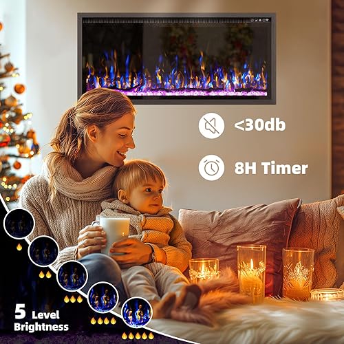Miniatura 7 de Insertos de chimenea eléctrica de 42 pulgadasmontaje en pared, opción de troncos y cristal, marco ultra estrecho, chimenea eléctrica de pared con