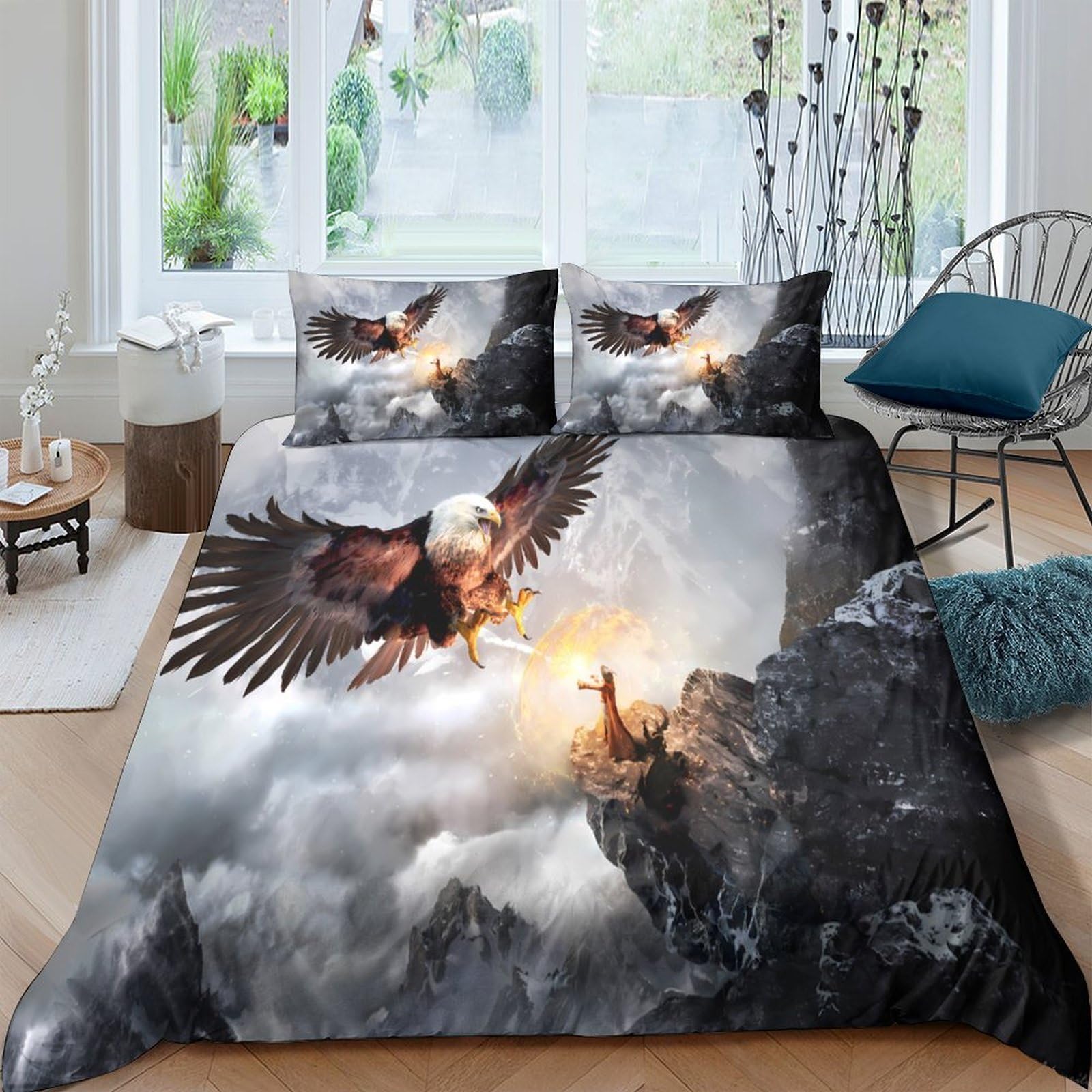 Ctjqhvkz Style-2 3D Printed Eagle Mountain Fitted Sheet Microfiber Soft Breathable Sunrise Bed Cover For Bedroom Dorm Decor Protection Single（135X200cm）