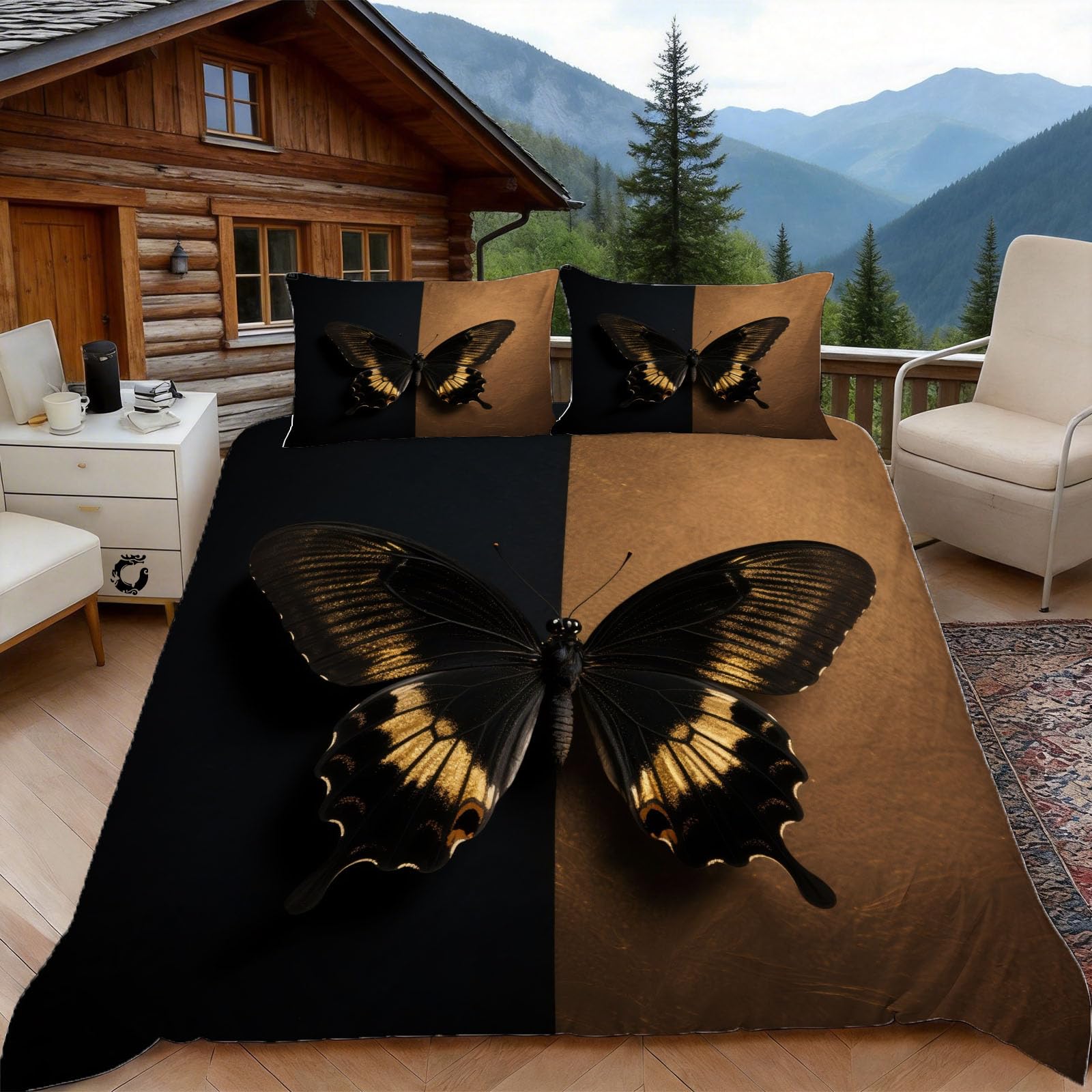 Housse de couette papillon noir et or pour une chambre chic 2 personnes
