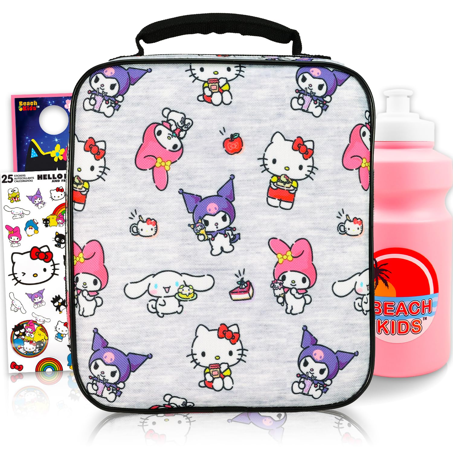 Hello Kitty und seine Freunde Lunch-Tasche für Mädchen – Paket mit SANRIO Lunchbox mit My Melody, Kuromi, Cinnamoroll plus Aufklebern, Wasserflasche | Hello Kitty-Lunchbox für Kinder, Mädchen