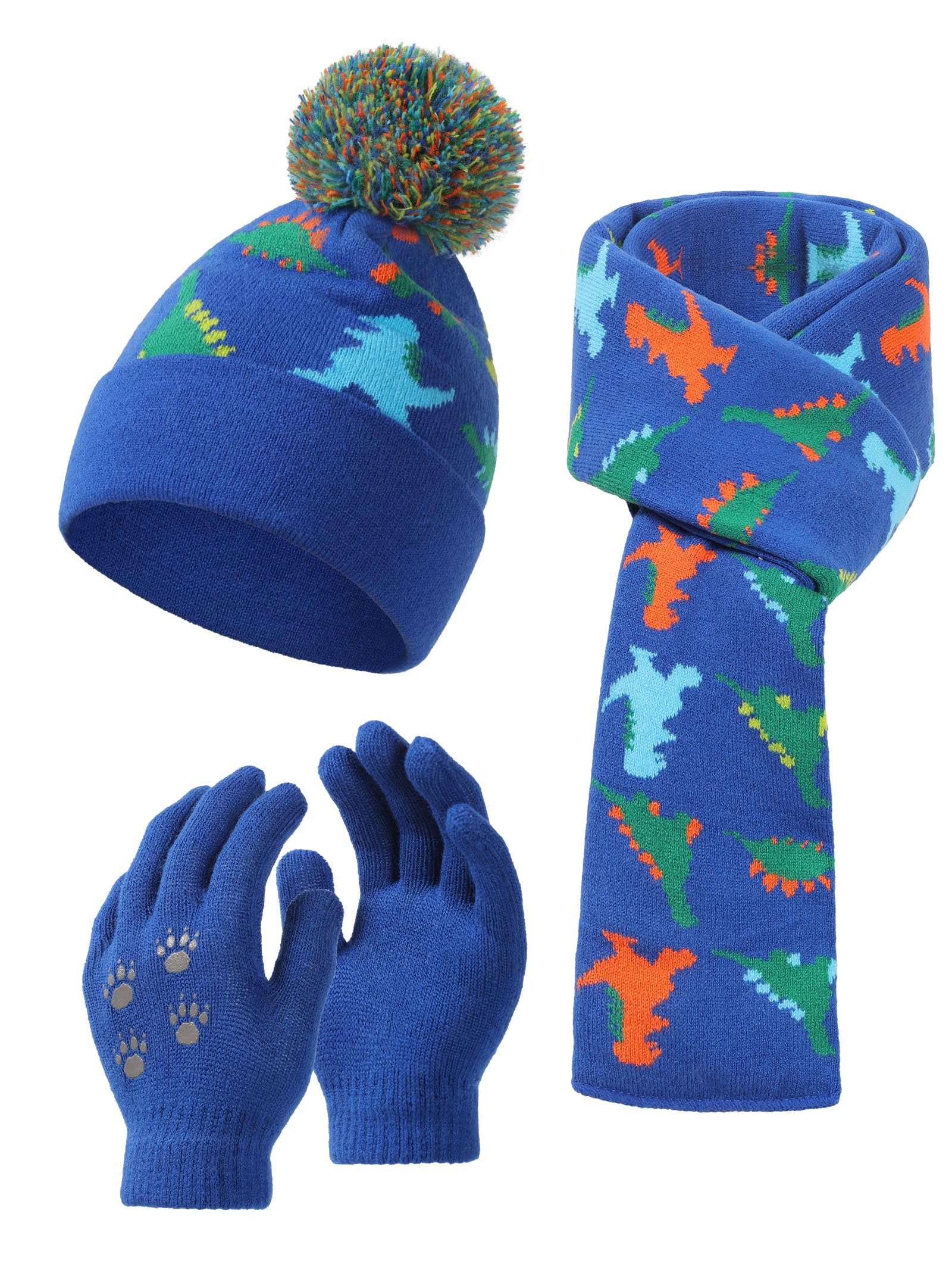 NATUST Kids Winter Hat Gloves Scarf 3 Piece Set Stocking Caps Toddlers Dinosaur Pom Pom Beanie Children Knitted Warm Set