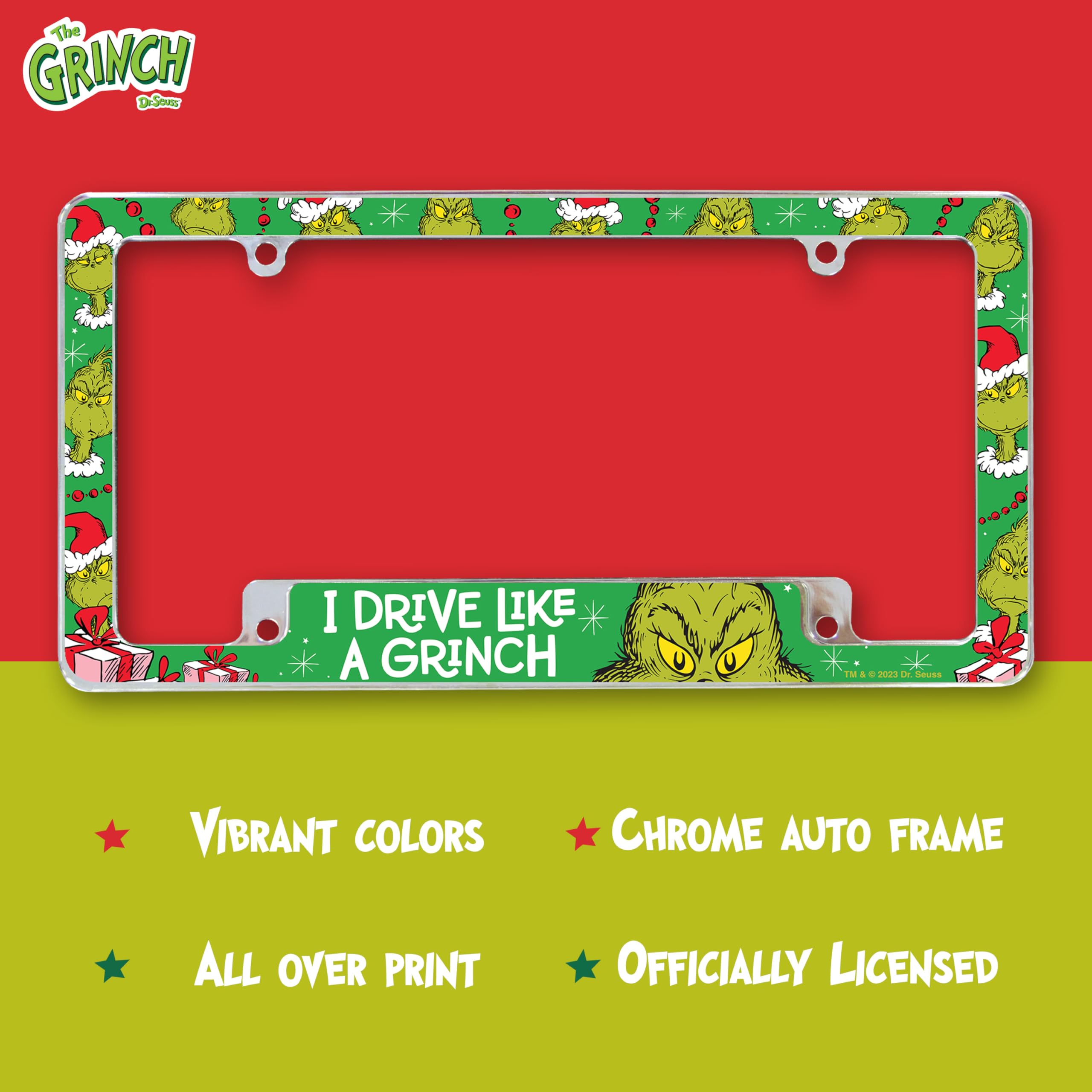 Rico Industries Grinch Drive Like a Grinch 30,5 x 15,2 cm Chrom All Over Automotive Kennzeichenrahmen für Auto/LKW/SUV