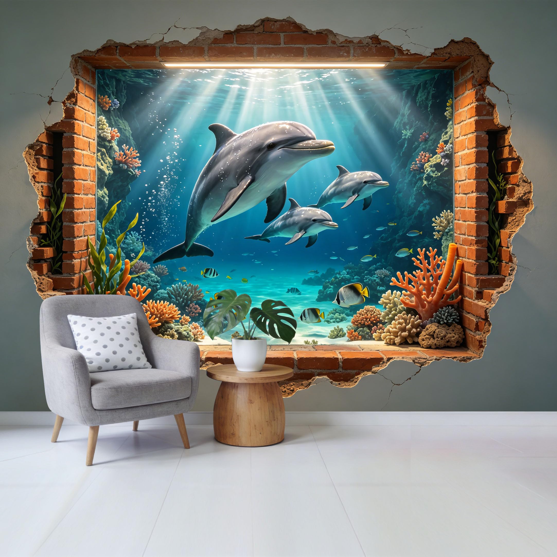 Custom Size Wall Mural 3D Ocean Dolphin Underwater Coral Reef Trompe l’oeil Removable Self Adhesive Fabric Home Wall Decor for Living Room Bedroom Bathroom