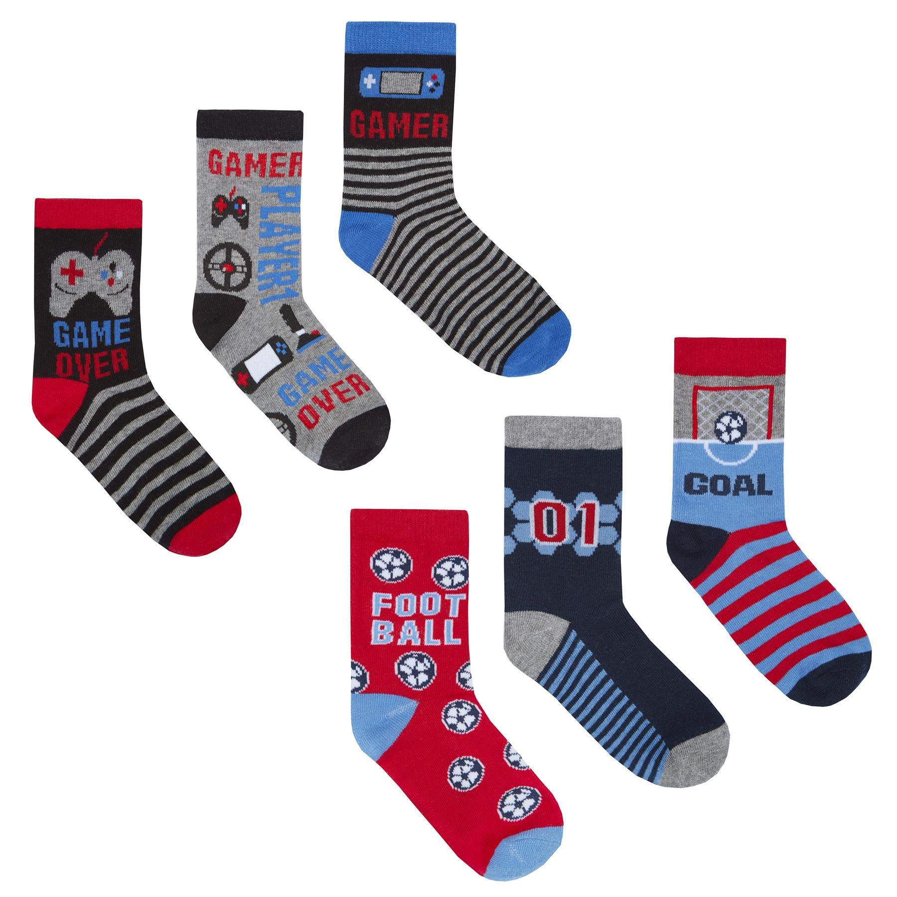 Sock Stack Boys Foootball/Game Socks 6 Pairs Of Kids Dinosaur Football Space Gaming Cotton Rich Socks, 9-12