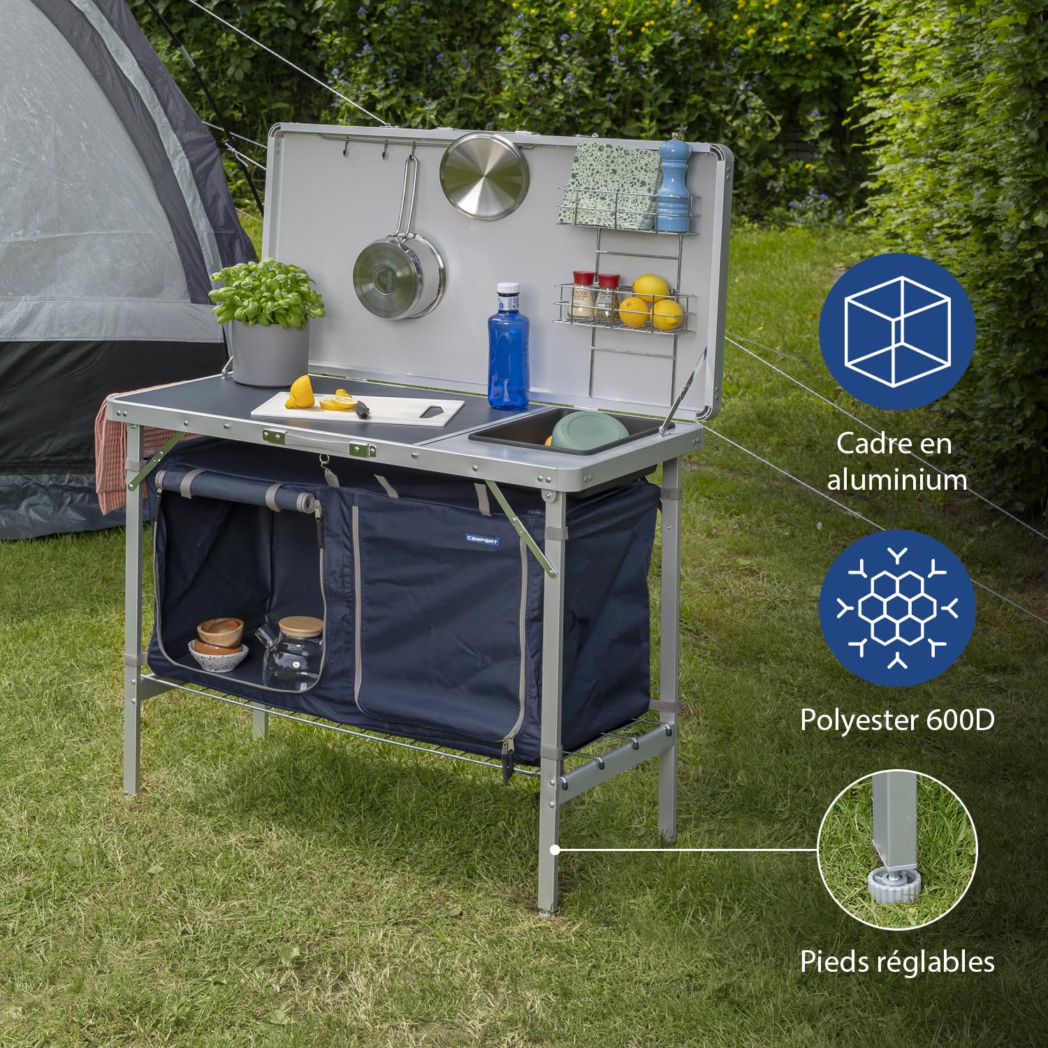 Campart Cuisine de camping pliable Salamanca - 2 compartiments - Bac à vaisselle & auvent - Sac de transport inclus - Armature en aluminium