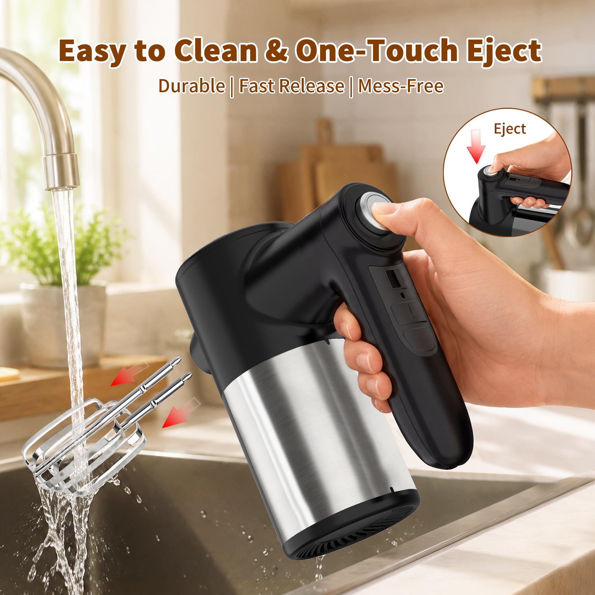 binROC Mezclador de mano inalámbrico, visualización digital, 7 velocidades, recargable por USB, mezclador de mano eléctrico con 6 accesorios de acero inoxidable, batidores, ganchos de masa y base