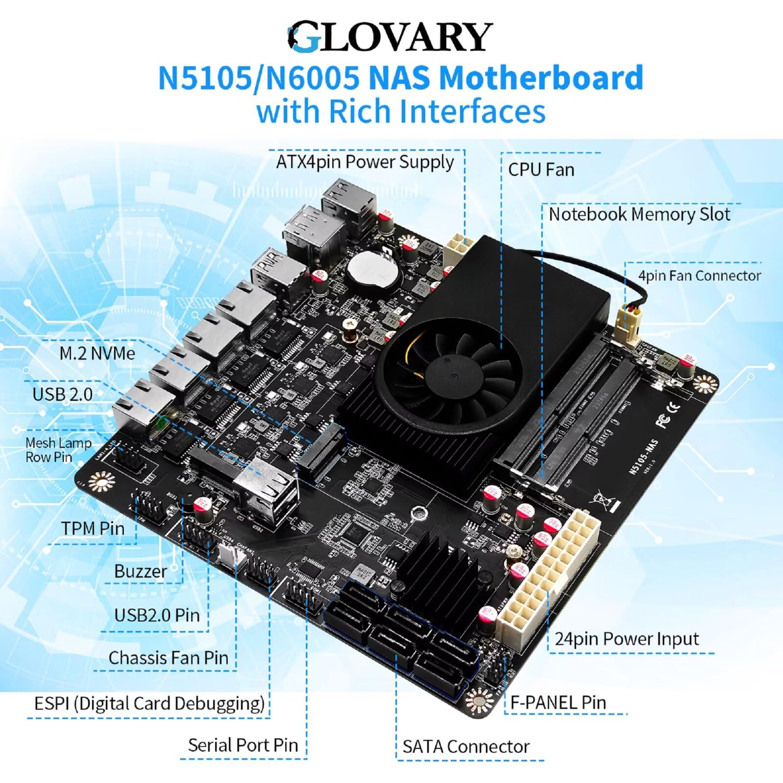 N6005 NAS Motherboard 6 Bay, 4 x i226V 2.5GbE LAN Mini PC ITX Mainboard, Barebone No RAM No SSD, 2 x DDR4, 2 x NVMe Slot, HD + DP 4K Dual Display, DC 19V