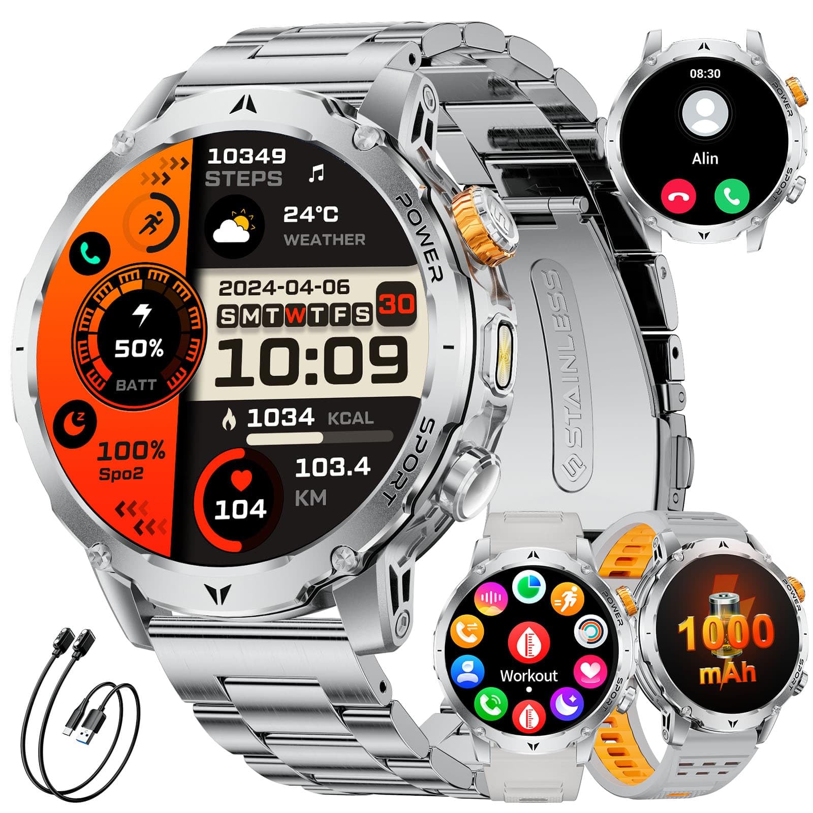 LIGE Smartwatch da uomo con batteria da 1000 mAh, con grande display HD da 1,7", con torcia, chiamate Bluetooth, oltre 120 modalità sportive, impermeabile IP68, orologio fitness, frequenza cardiaca