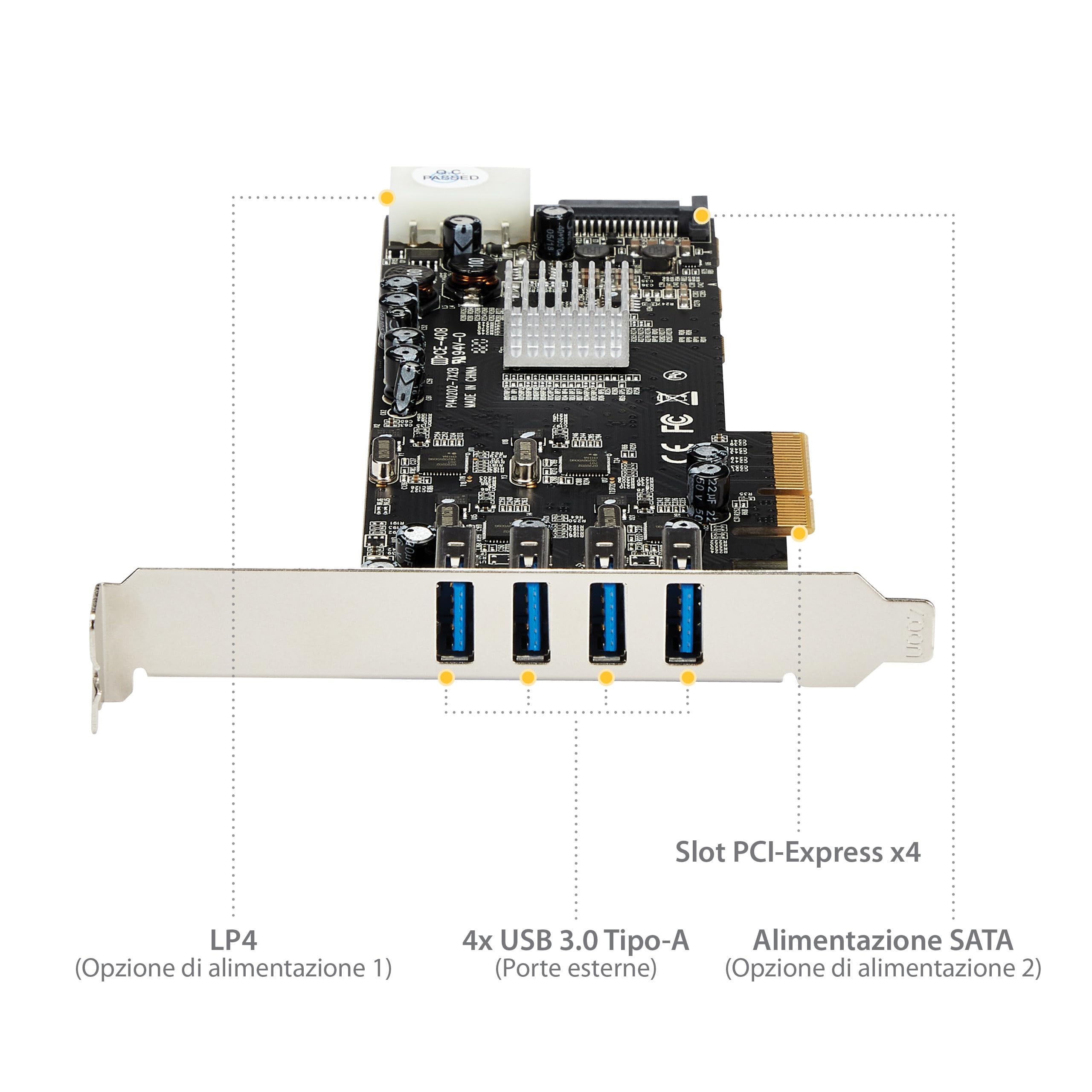 StarTech Scheda PCIe USB 3.0 4 Porte, 5Gbps, UASP (PEXUSB3S44V) | USB 3.2 Gen 1, Alimentazione SATA e LP4, Scheda di Espansione