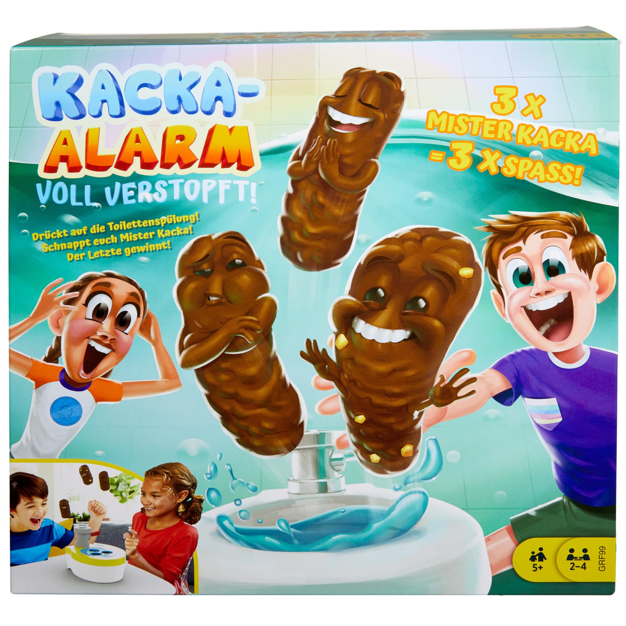 Mattel Games Kacka Alarm Spiel, Voll Verstopft, Geschicklichkeitsspiel mit Toilette und Mister Kackas zum Einfangen, für 2-4 Spieler, ab 5 Jahren, GRF99