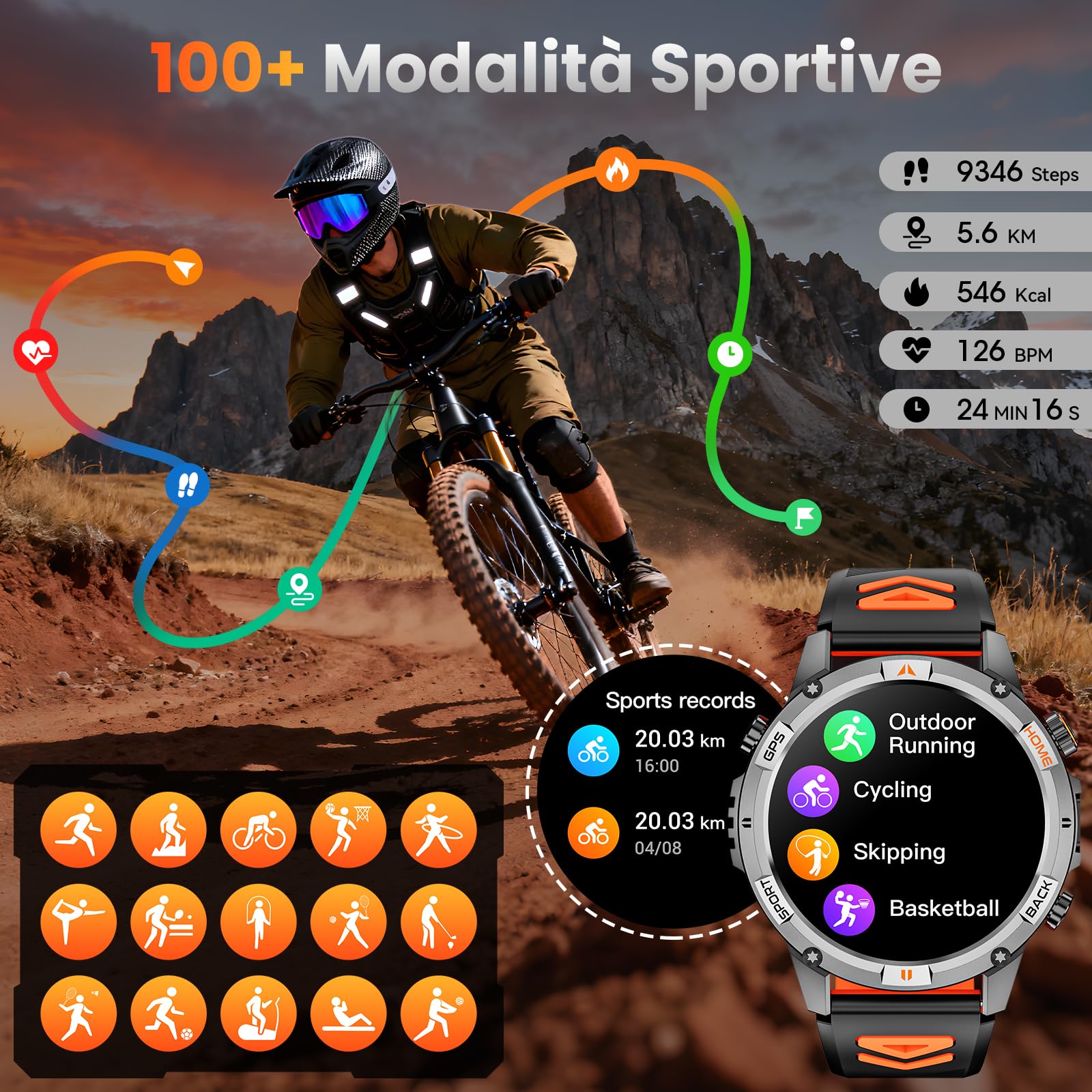 Smartwatch Uomo Militare, 1,46" HD Orologio GPS con LED Torcia, Bussola,100+ Modalità Sportive Smart Watch, Monitoraggio della Salute,Impermeabile IP68, Chiamate Bluetooth per Android iOS