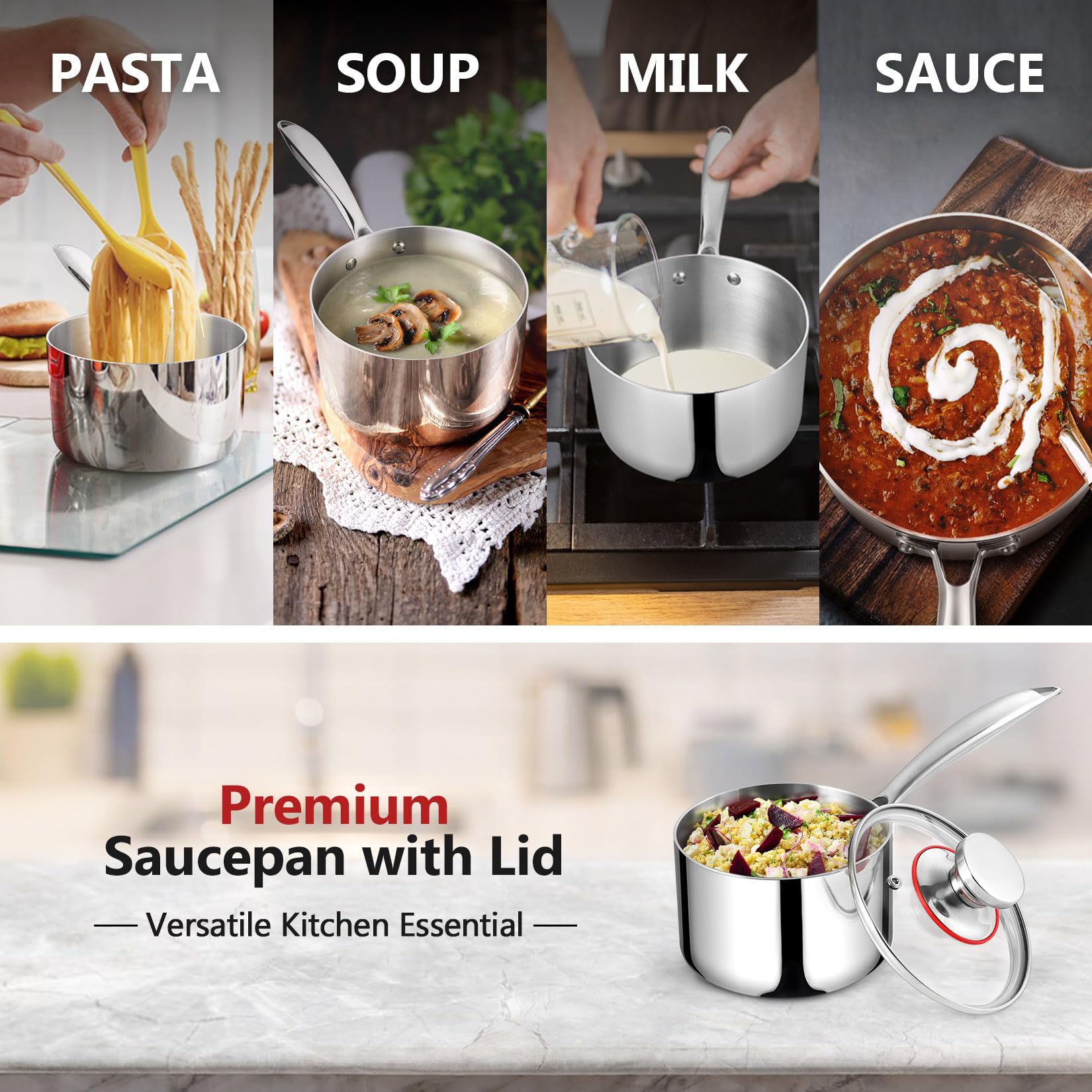 1qt Tri-Ply Saucepan with Lid, Joyfair 18/10 Stainless Steel Small Induction Cookware Pot for Spaghetti/Soup/Milk, Thicken Pan & Heatproof Handle, Suitable for All Cooktops, Oven & Dishwasher Safe