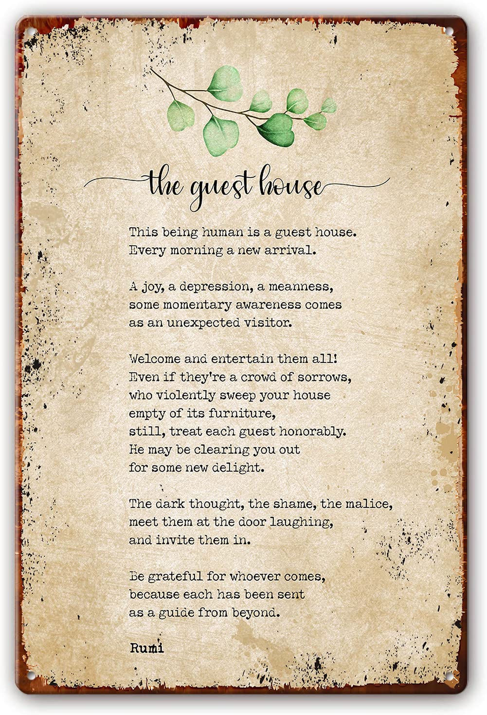 Preeklen Tin Sign 005 The Guest House Poem Wall Art Vintage Metal Tin Sign Rumi Quotes Wall Art Poetry Posters For Home Picture Artwork For Bedroom Print Decor For Kitchen Gallery Print 8X12 Inch