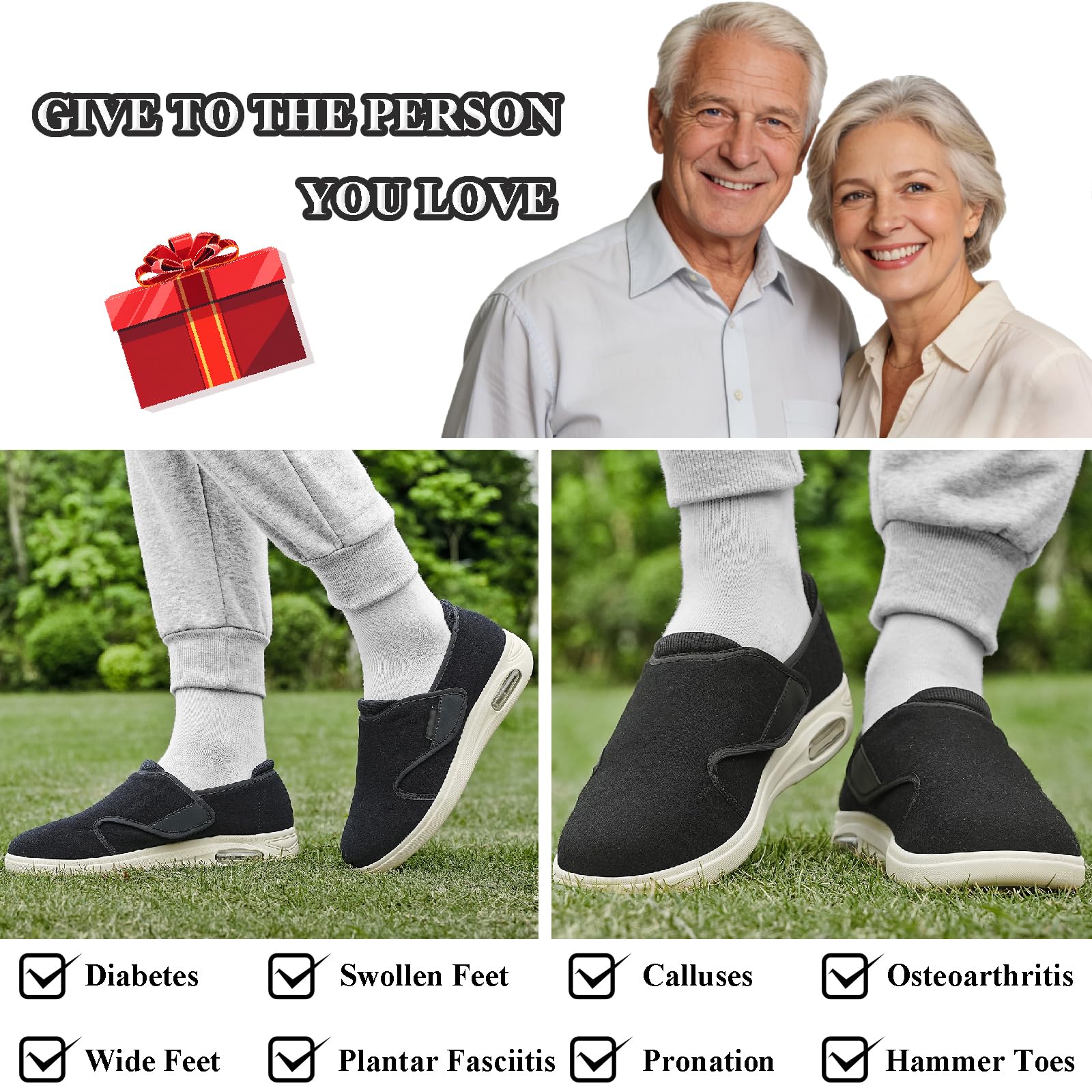 Buty dla cukrzyków dla kobiet i mężczyzn, regulowane, szerokie buty do chodzenia boso, oddychające, wygodne kapcie na obrzęk stawów, obrzęk stóp, osób starszych