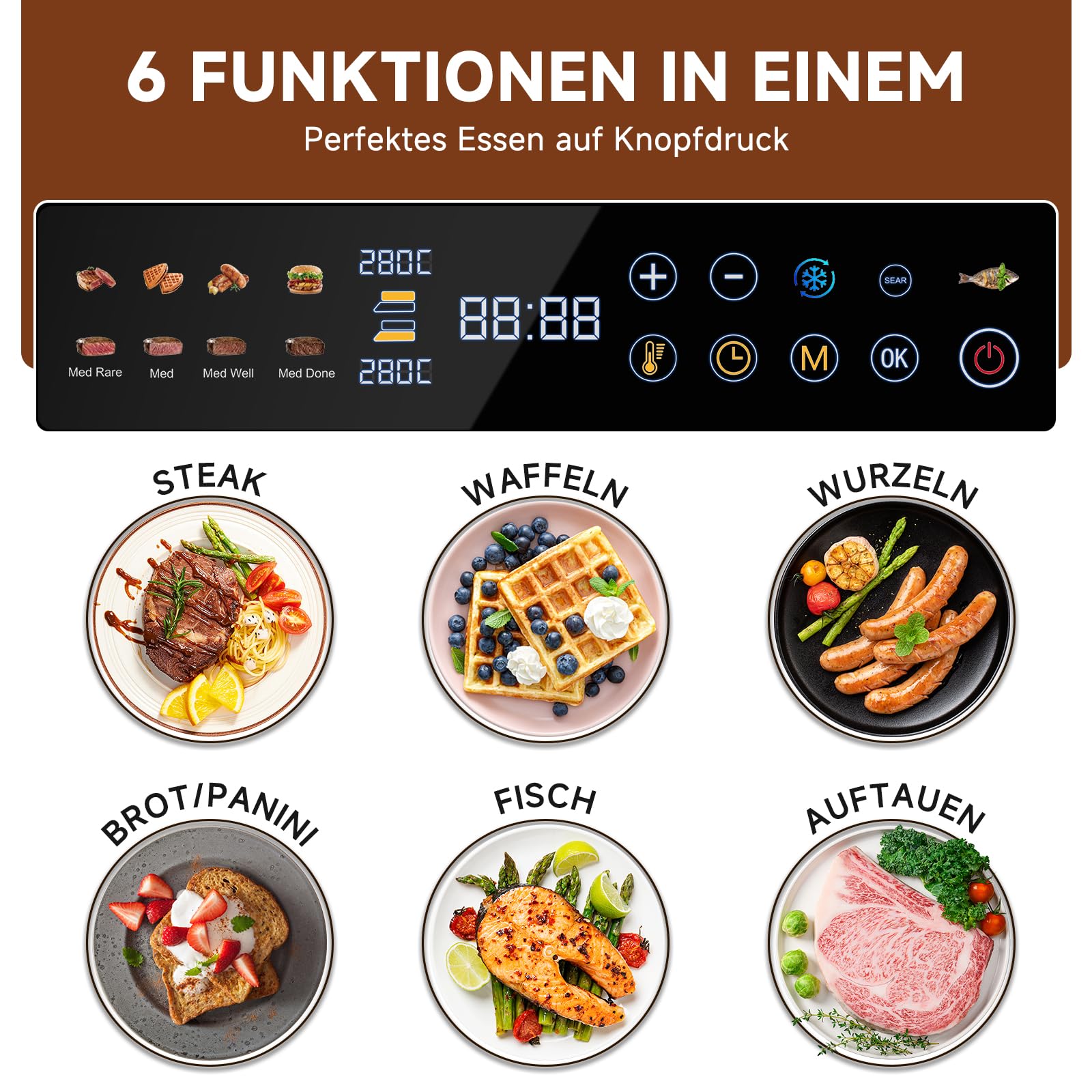 AMZCHEF XL Kontaktgrill 4-in-1 mit Temperaturfühler & GrillBoost 280 °C – Elektrogrill 6 Programme, 180° Öffnung, 2 Zonen, wechselbare Antihaftplatten