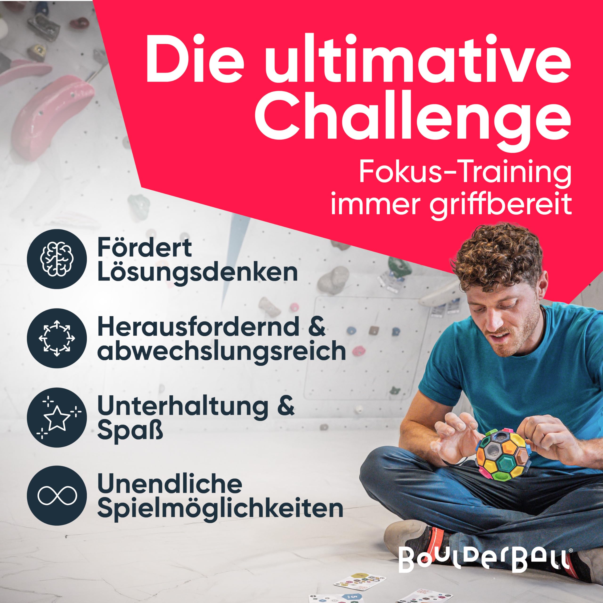 BOULDERBALL Basic I Spiel [ aus HÖHLE DER LÖWEN ] Geschenk für Kletterer Kletterball mit Klettergriffe - Spiele Klettern auf dem Ball - Kletterwand für unterwegs - Geschicklichkeitspiel + gratis App