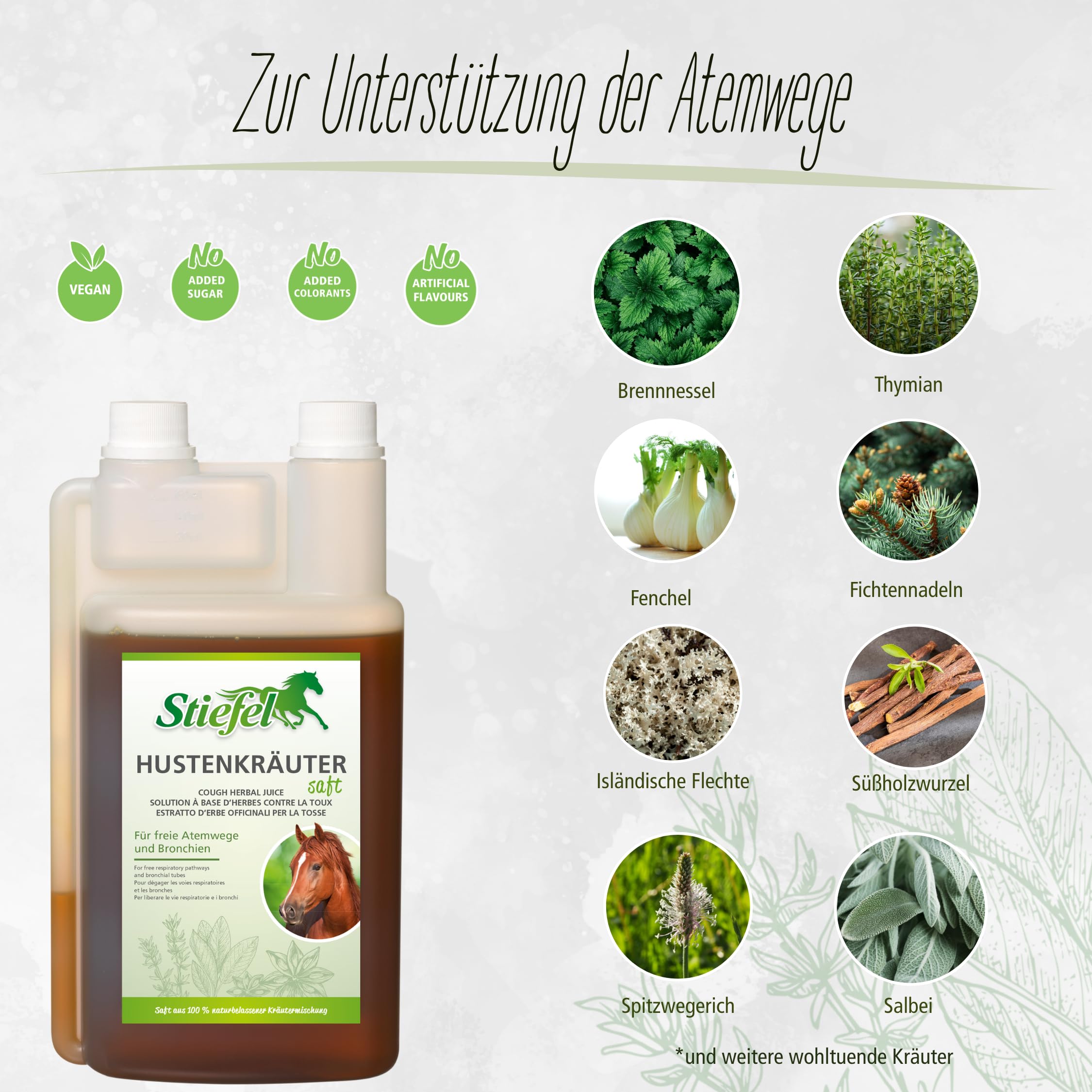 Stiefel Jugo de hierbas para la tos para caballos, hecho de una mezcla de hierbas 100% natural, puede ayudar a las vías respiratorias y bronquios, líquido con botella dosificadora, 1 litro