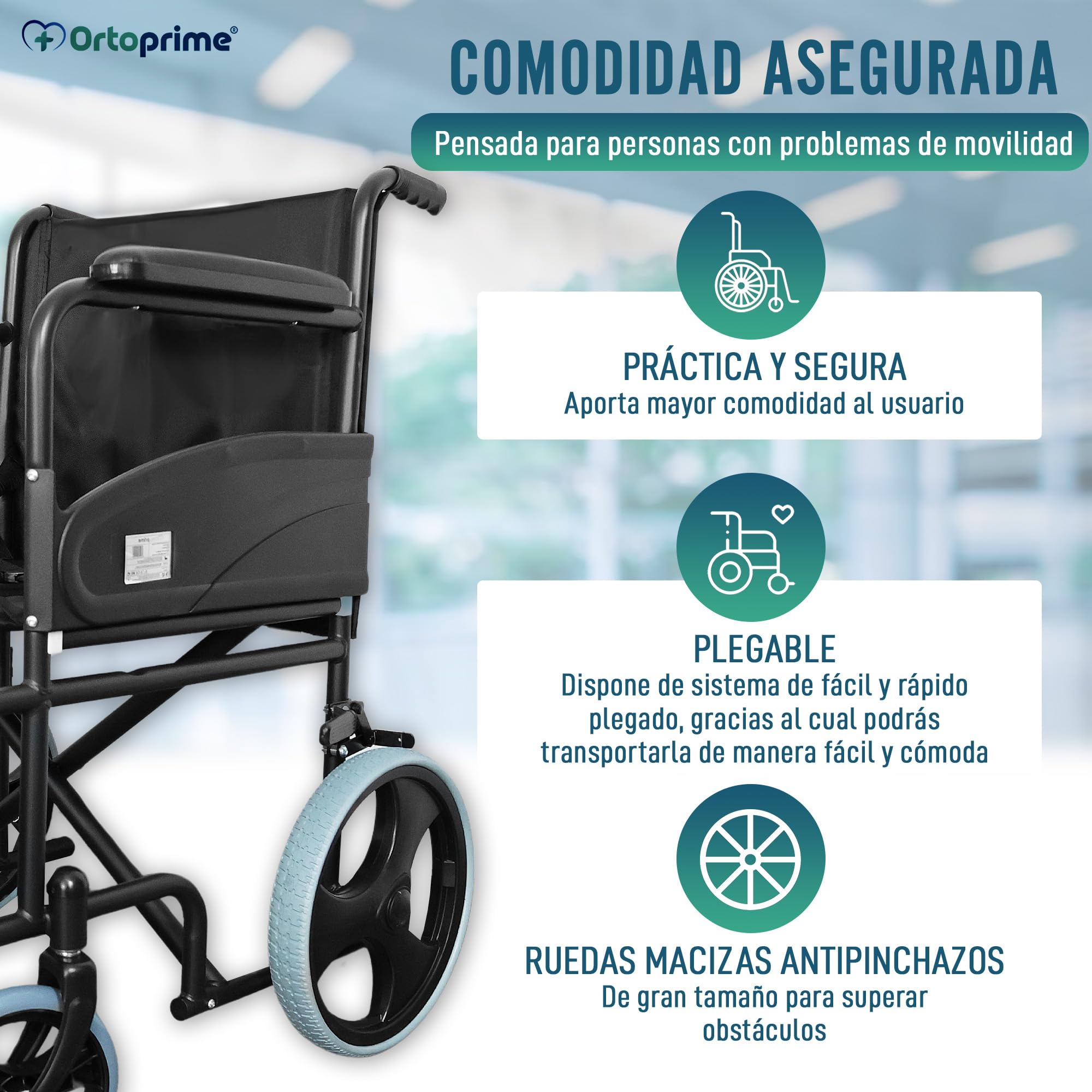 OrtoPrime Silla de Ruedas PLEGABLE Ligera - Sillas de Ruedas para Adultos Wheelchair - Silla Ruedas Plegable LIGERA - Silla Ortopédica para personas Mayores - Silla ruedas ancianos - Marca Española