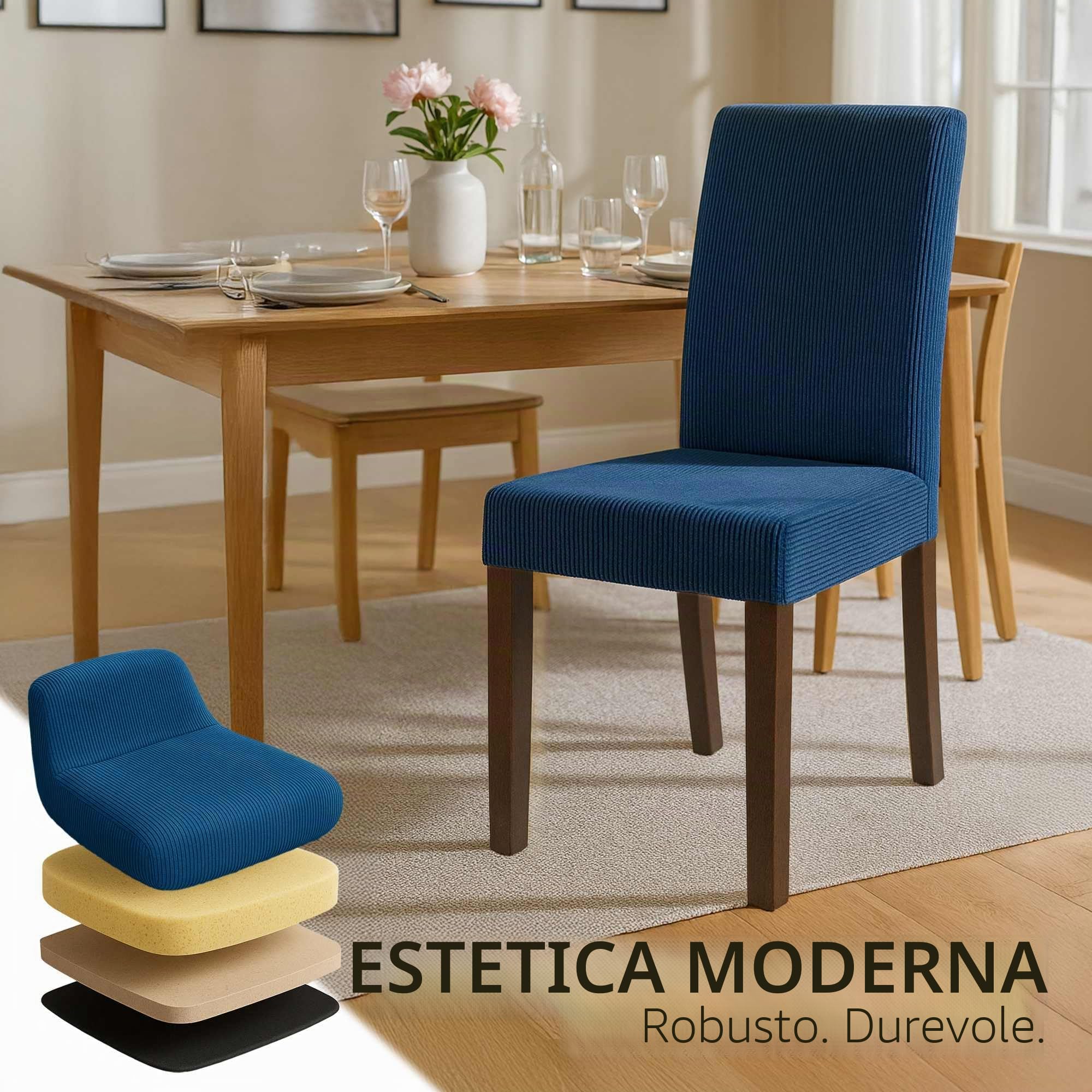 CLP Sedia da Pranzo Set di 2 Rivestita con Schienale INA, Sedia da Cucina in Velluto a Coste, Struttura Stabile in Legno, Colore:Blu, Colore del Telaio:Antico Scuro
