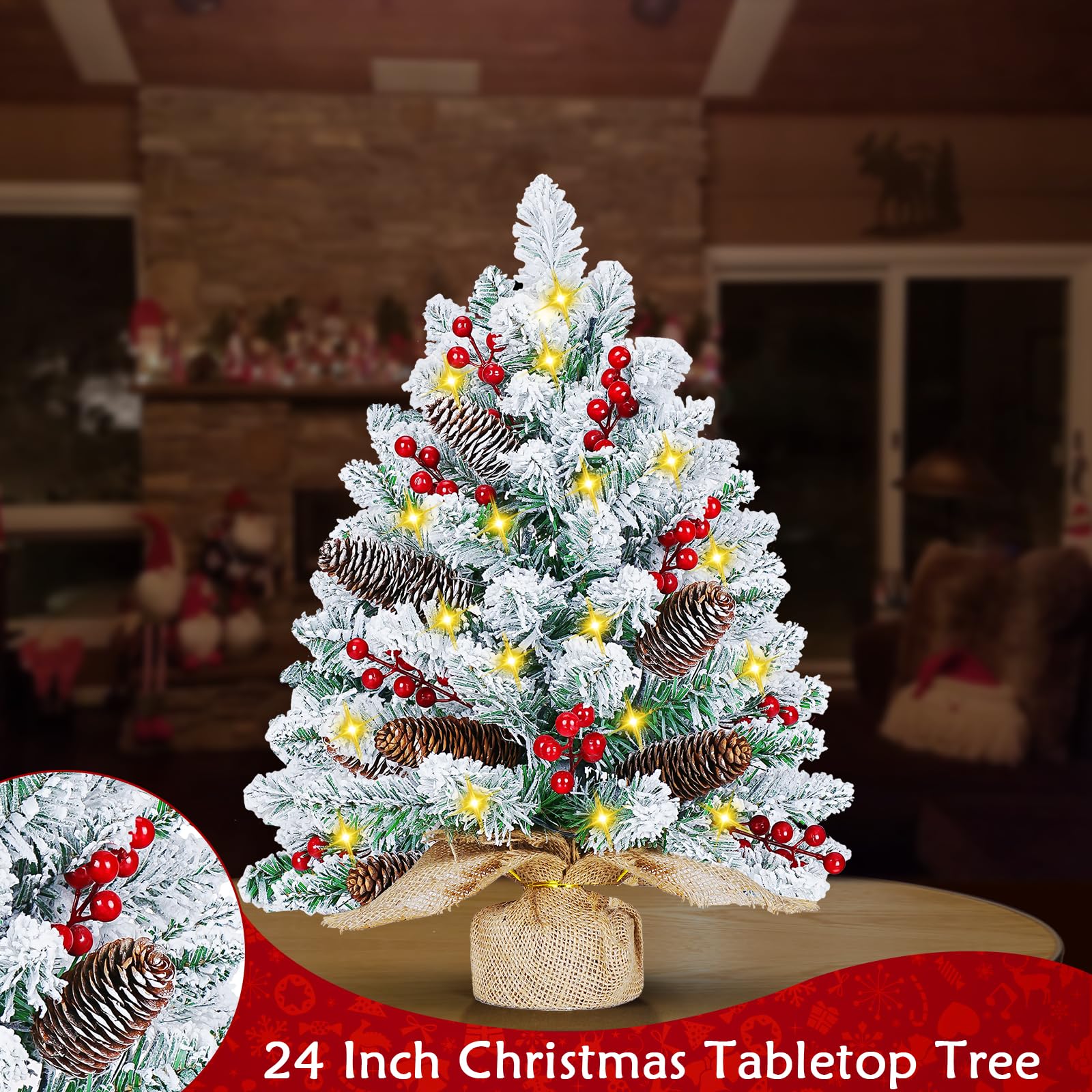 Sapin de Noël artificiel de table de 61 cm, sapin de Noël artificiel pré-éclairé avec 50 guirlandes lumineuses à DEL, mini sapin de table, 70 baies rouges, 10 pommes de pin, base en toile de jute,
